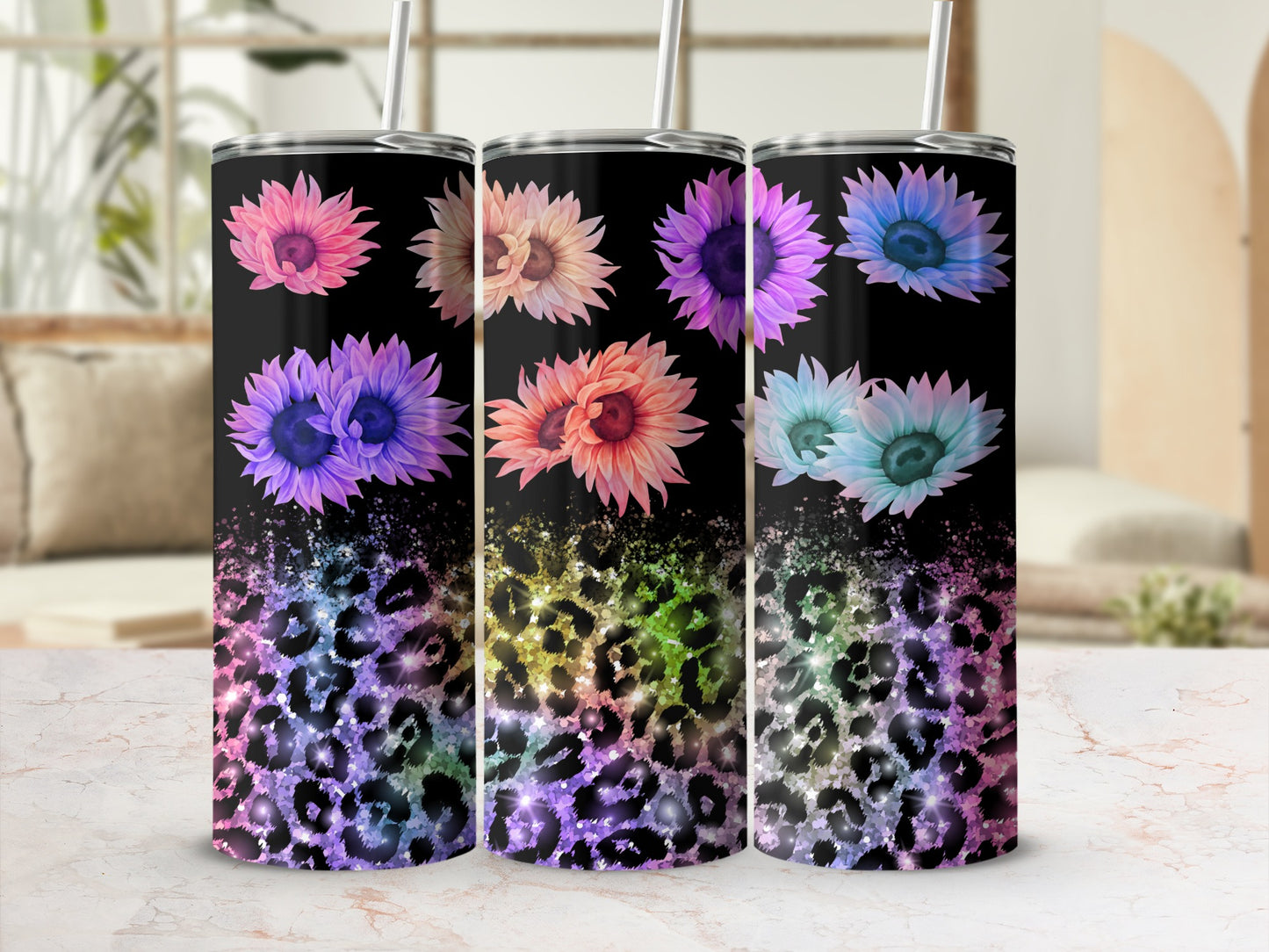 Tumbler with floral pattern and leopard print on black background.