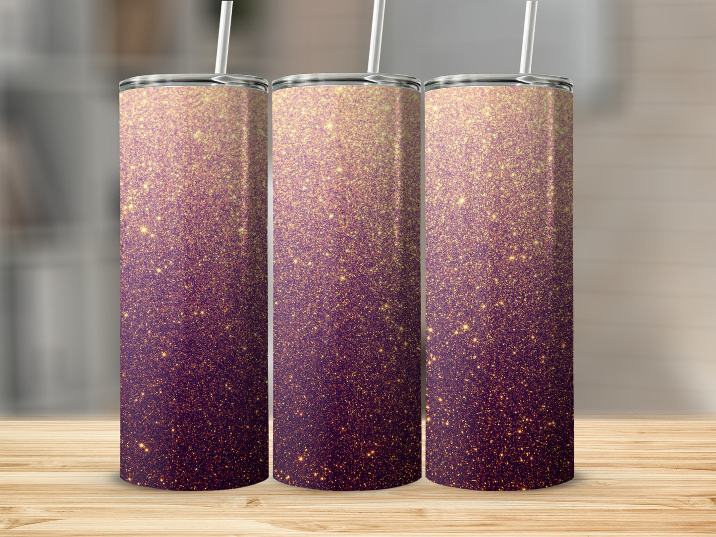 Three glitter tumblers with purple and gold sparkle gradient.