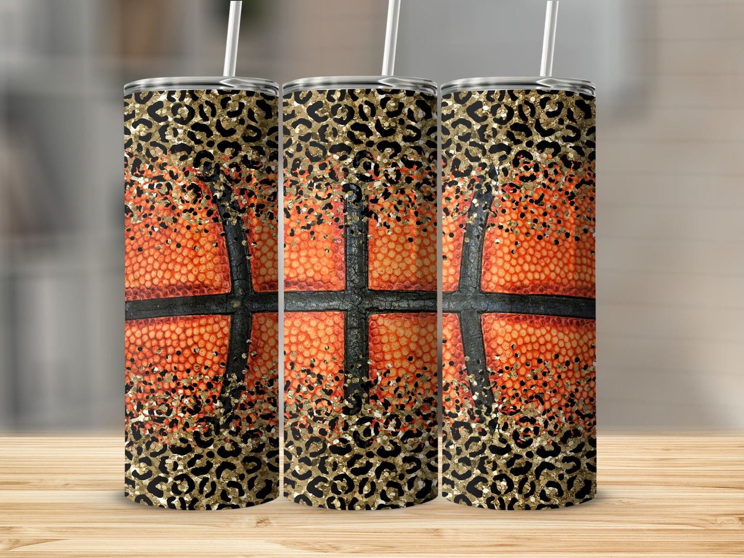 Basketball tumbler with leopard print and glitter accents.