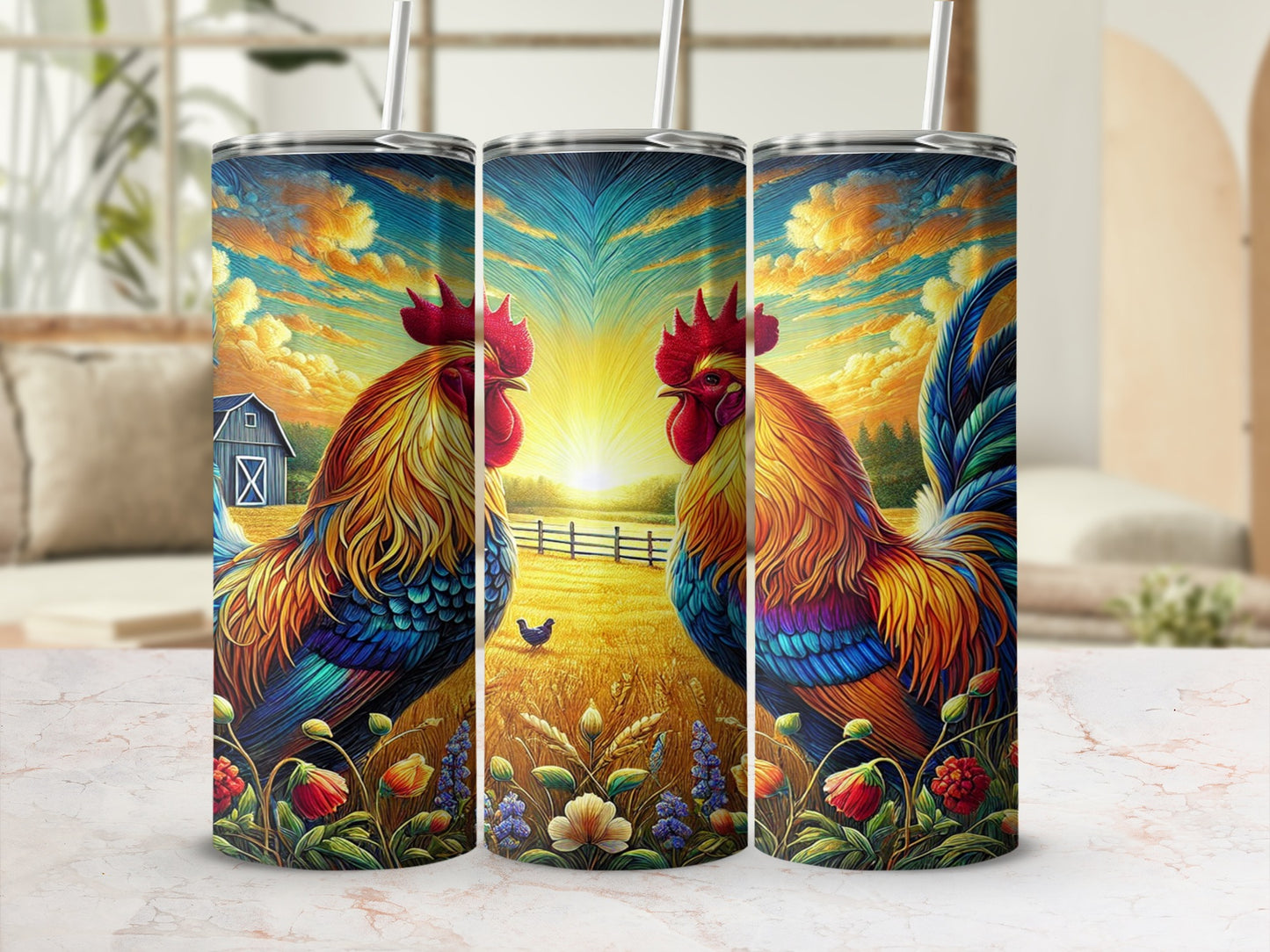 Vibrantly Colored Roosters And Sunrise Tumbler Cup