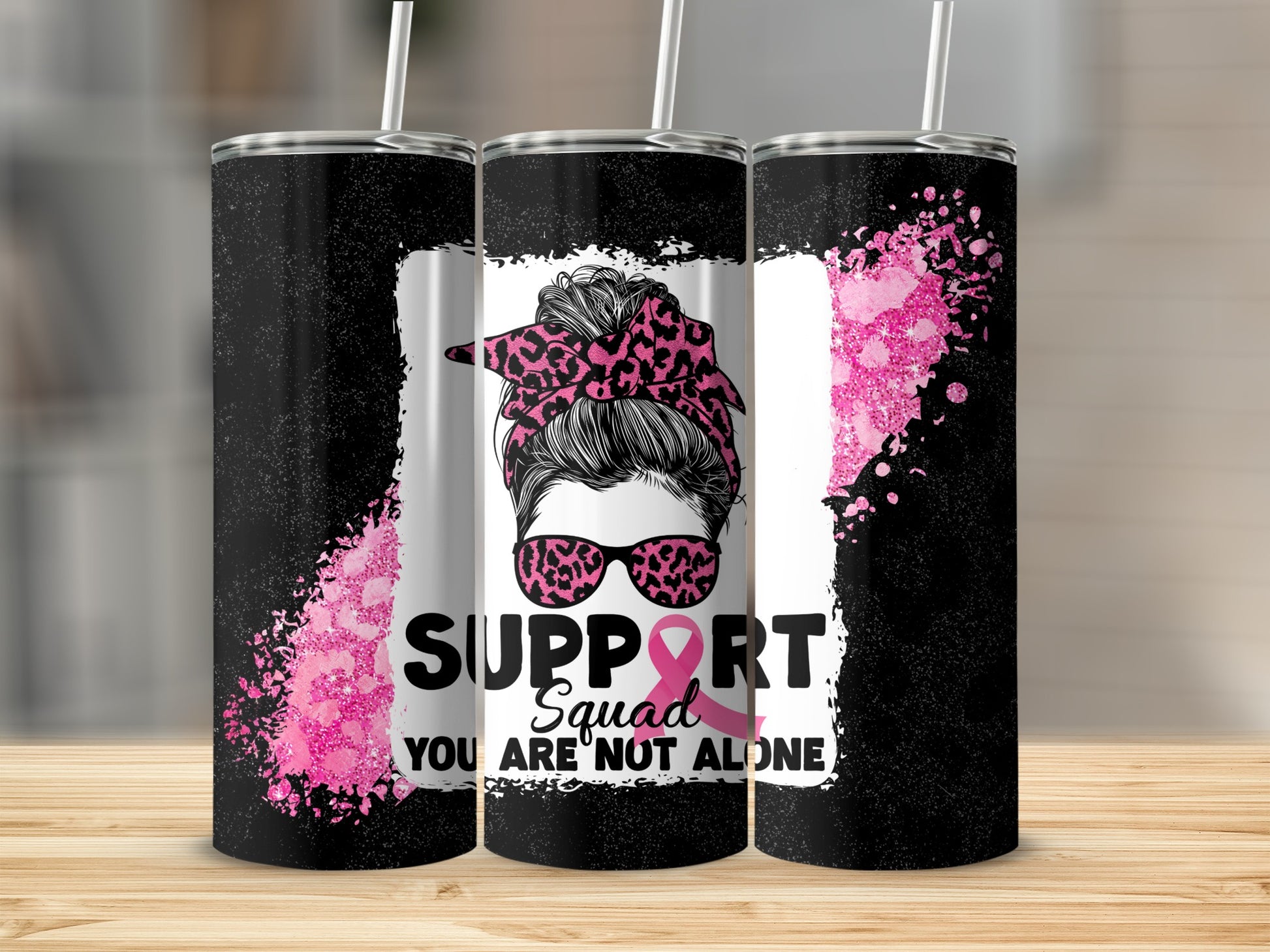 Tumbler with leopard print sunglasses and "Support Squad" text.