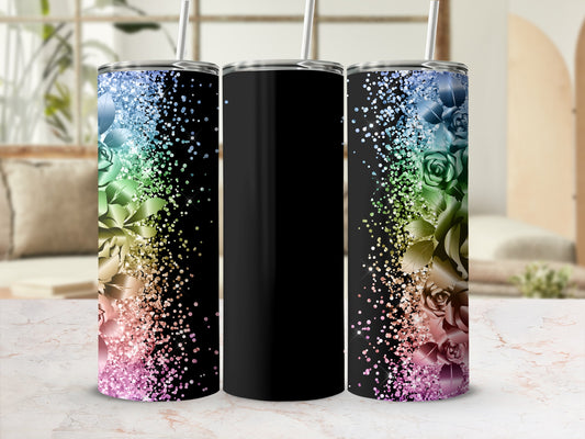 Black tumbler with rainbow glitter and floral accents.