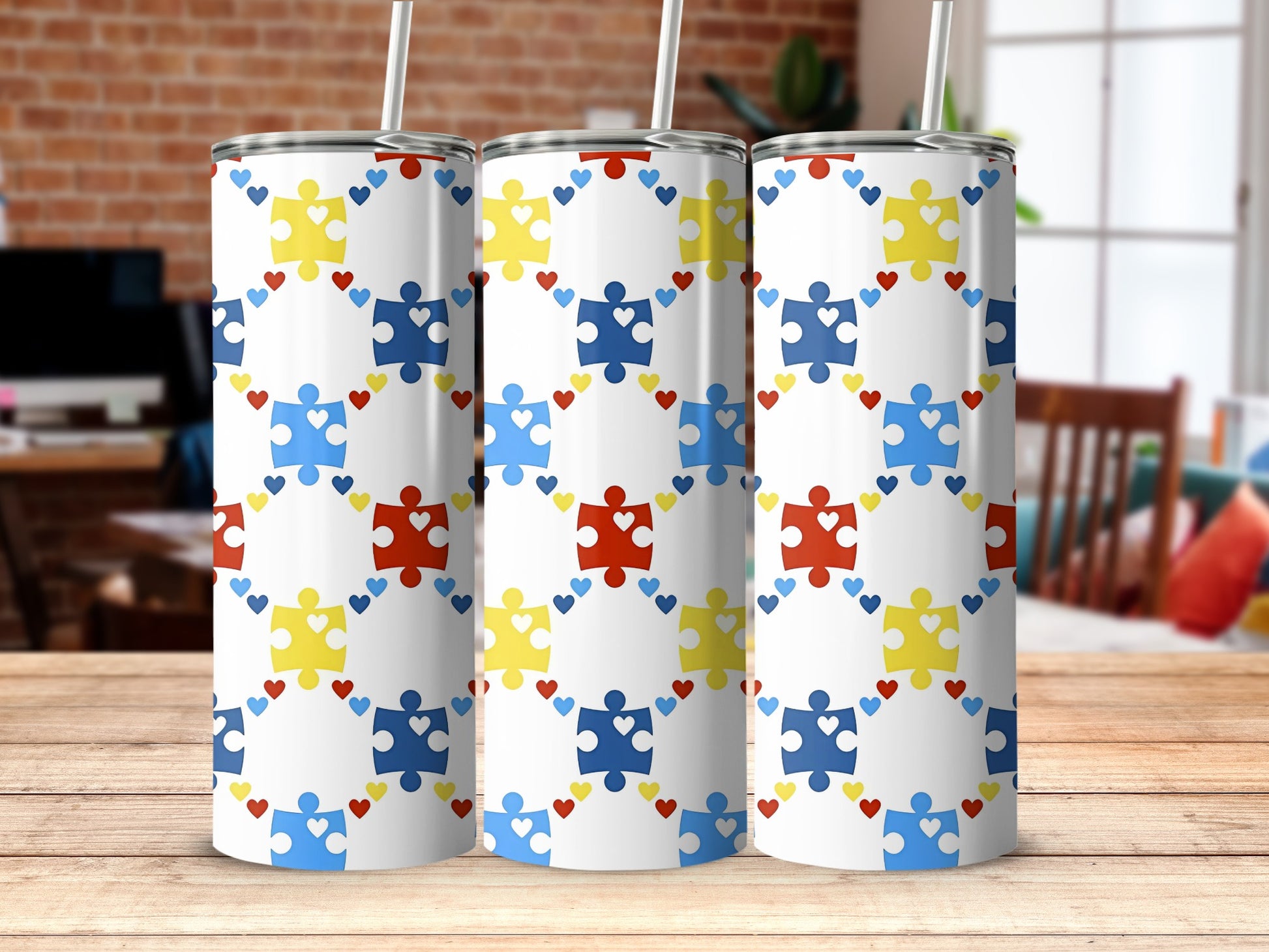 Puzzle Hearts Patterned Tumblers for a Vibrant Drinkware