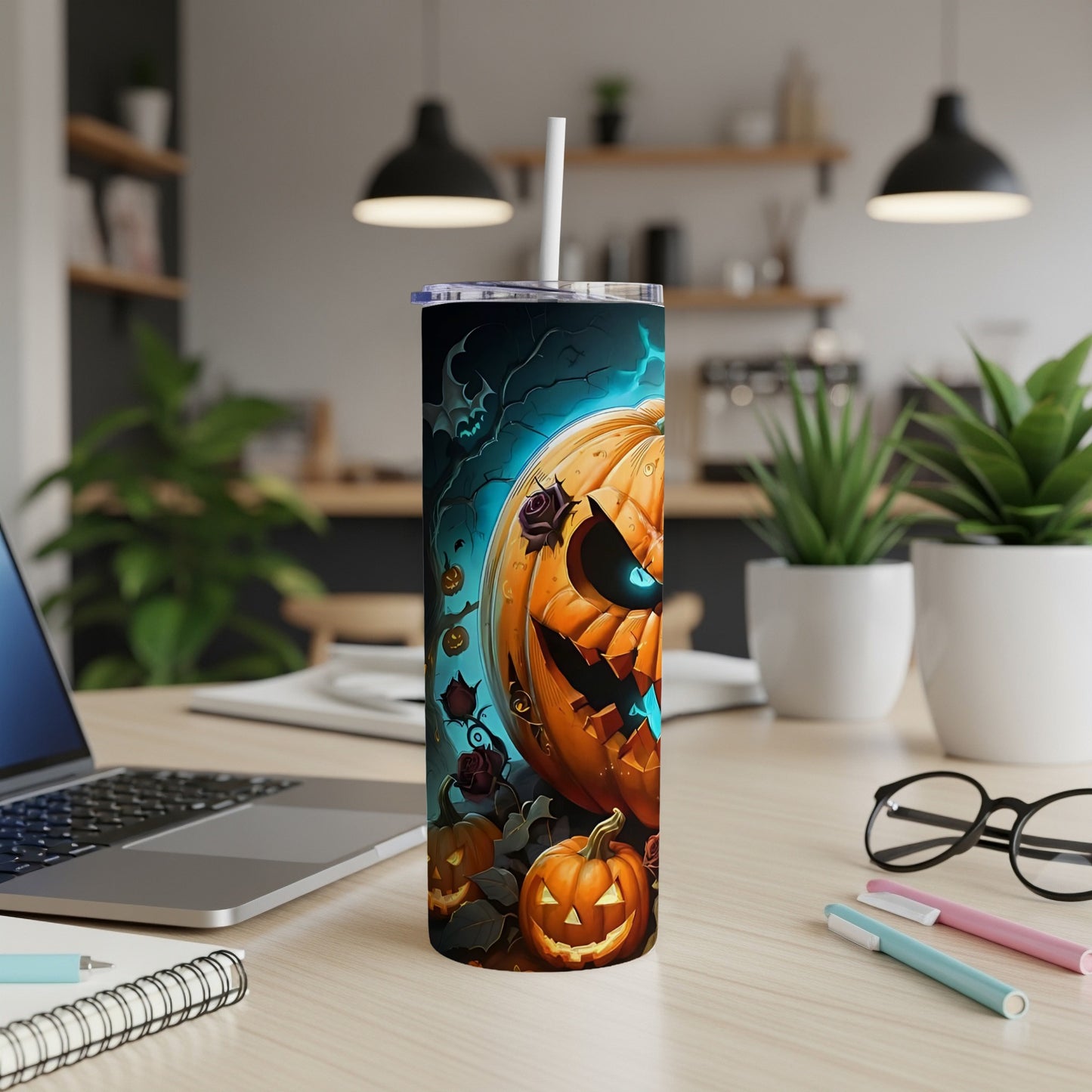 Tall tumbler with a spooky Jack-o'-lantern and bat Halloween design.