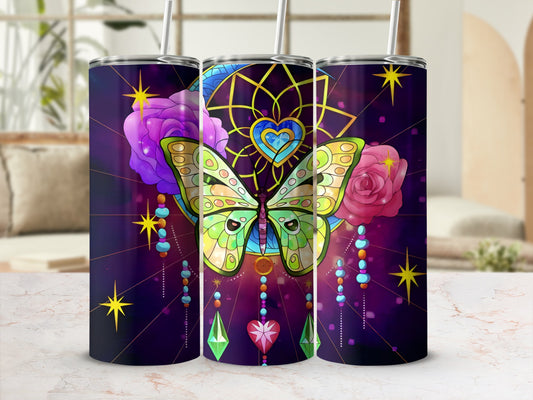 Butterfly and dreamcatcher design on three tumblers with straw.