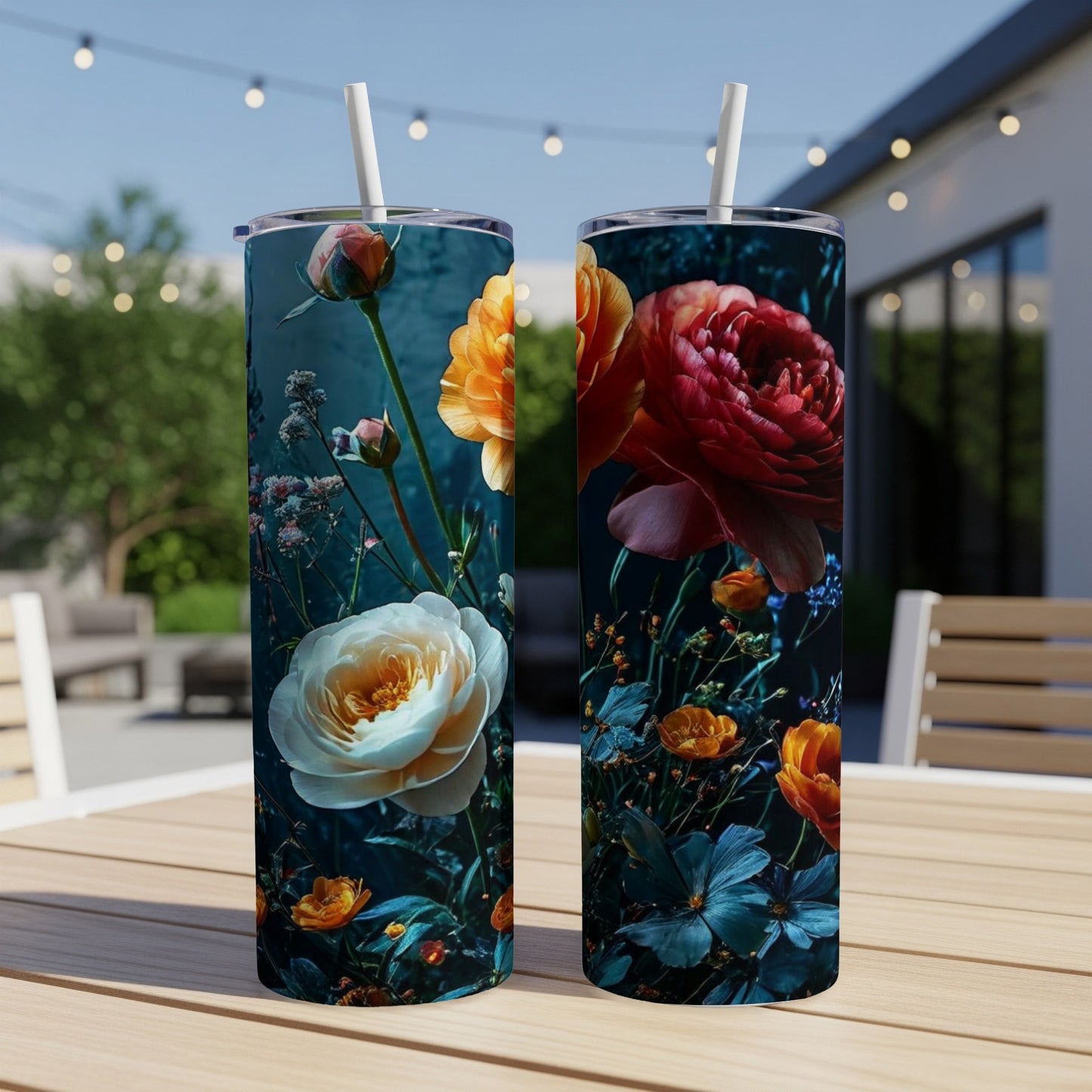 Two tall tumblers with a dark floral pattern.