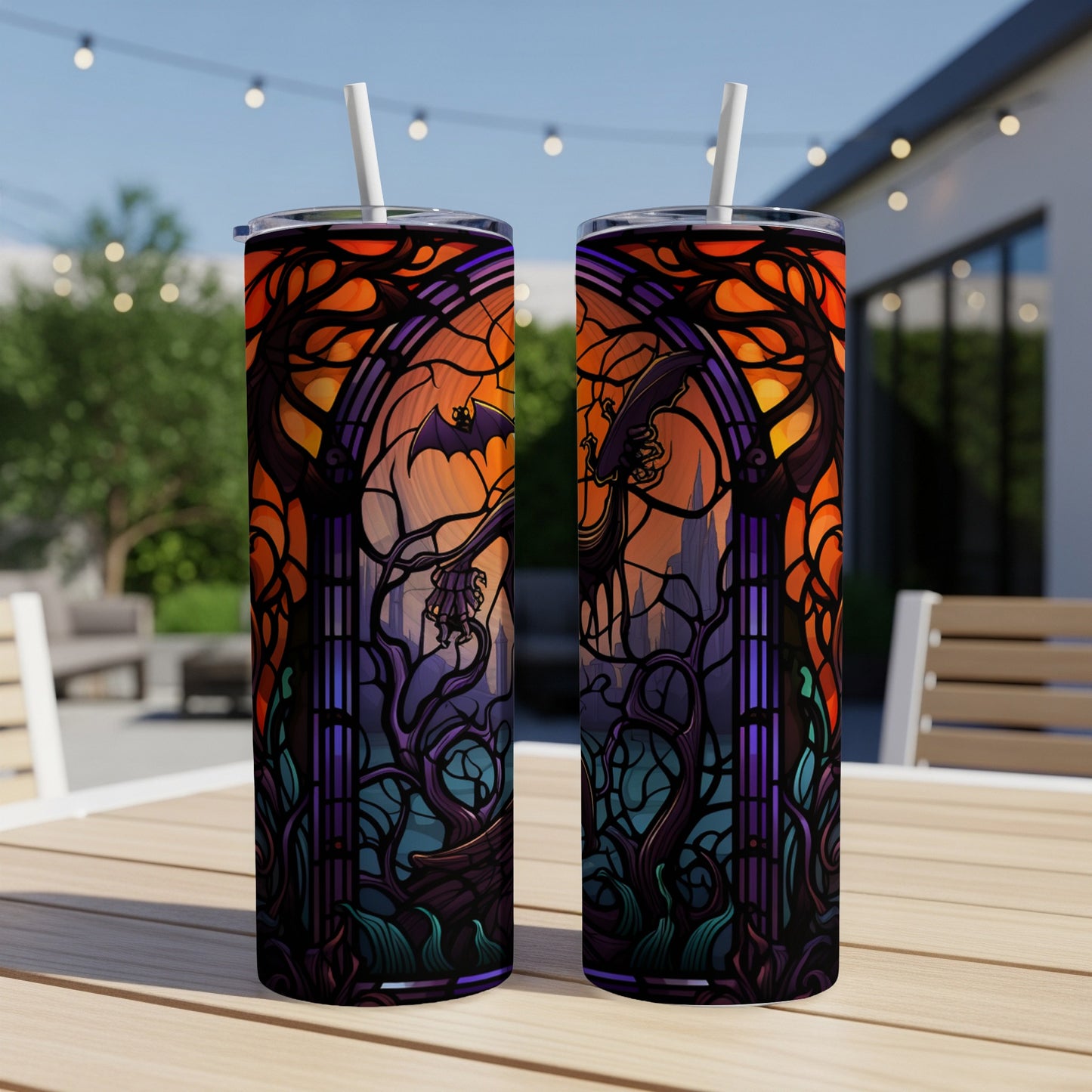 Stained glass design with bats and spooky trees, two tumblers side-by-side.