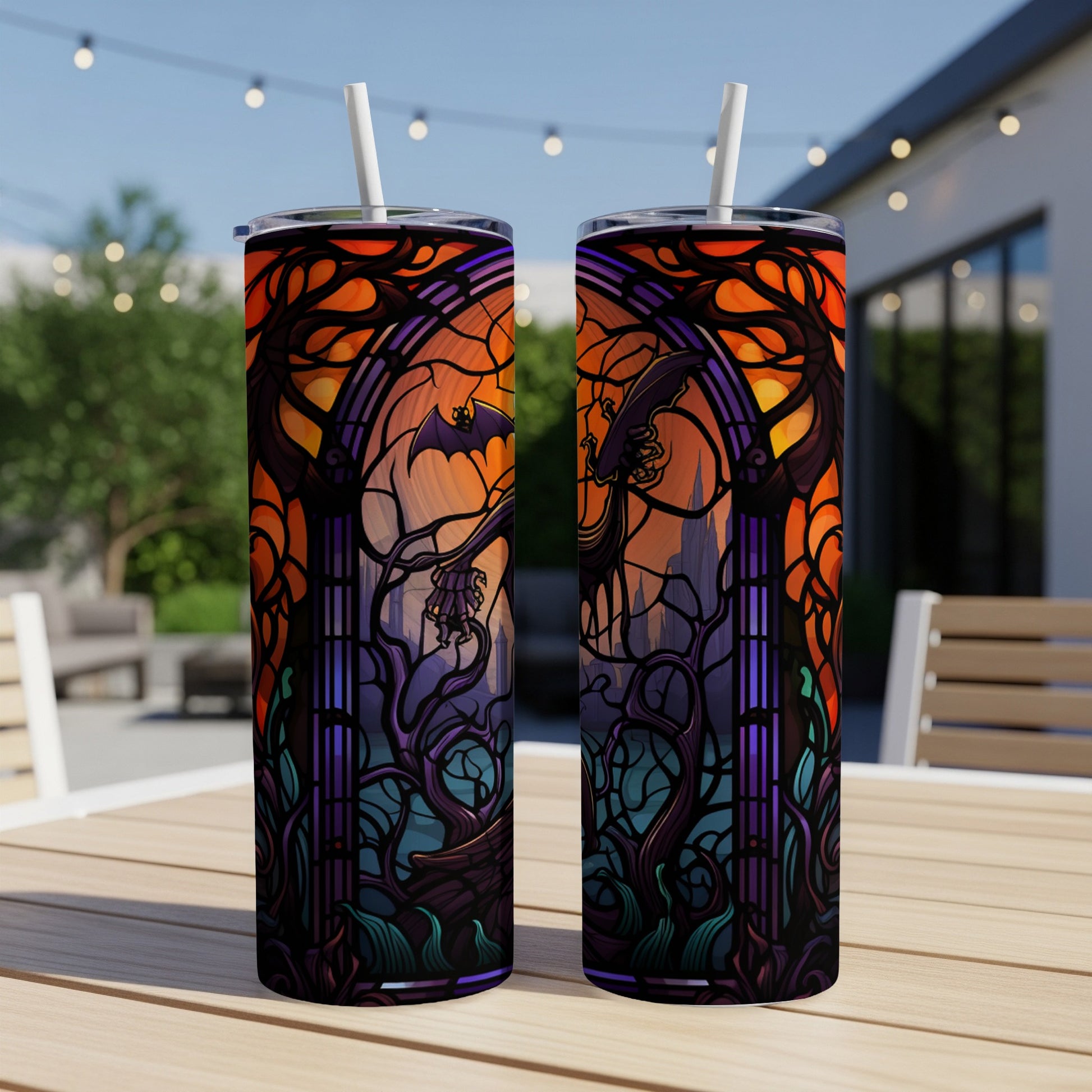 Stained glass design with bats and spooky trees, two tumblers side-by-side.