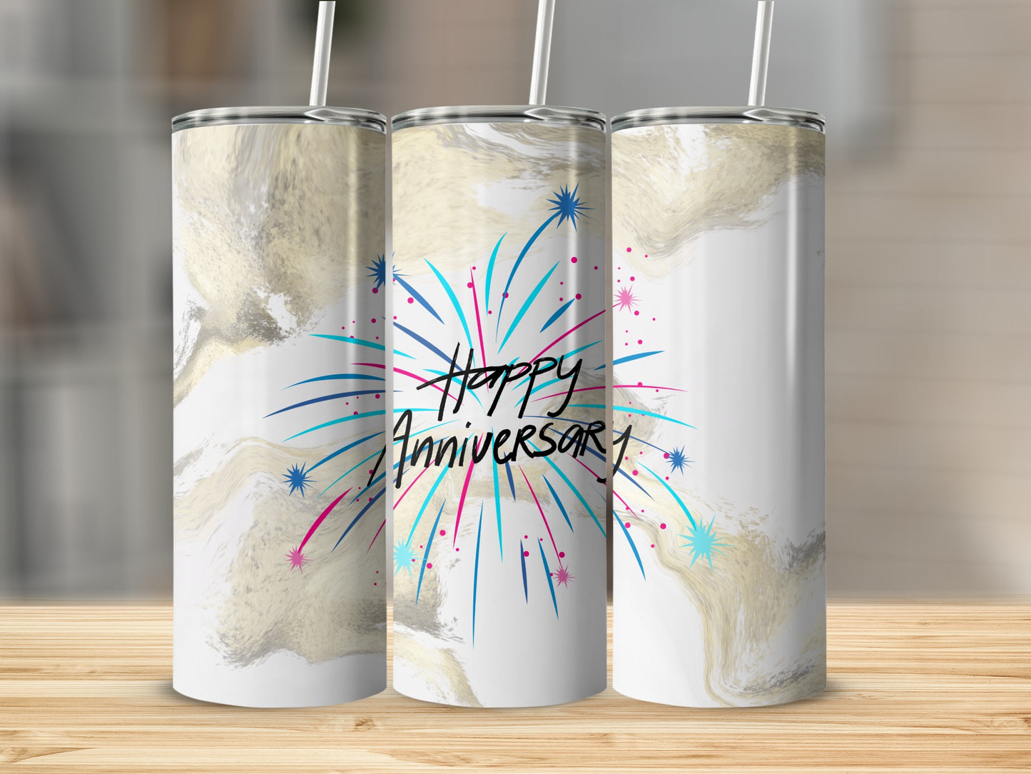 Anniversary tumbler with fireworks and marble design.