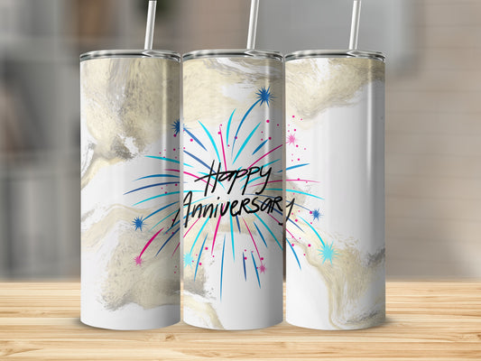 Anniversary tumbler with fireworks and marble design.