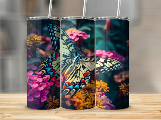 Butterfly on floral background on three tumblers.