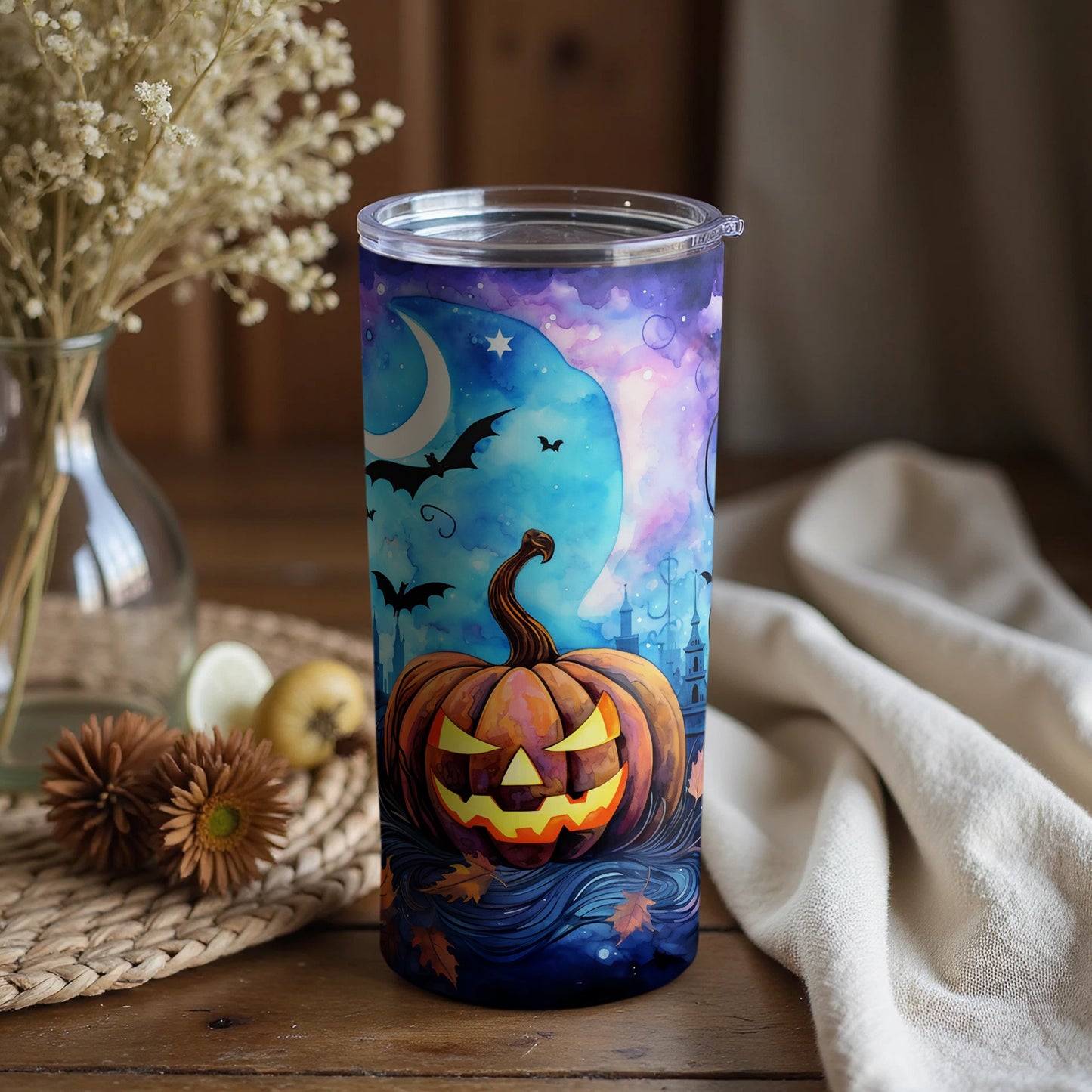 Spooky Halloween Pumpkin and Bats Art Tumbler