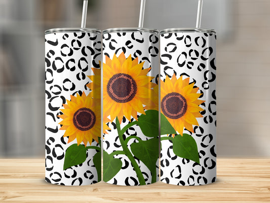 Three tumblers with sunflowers and black and white leopard print.