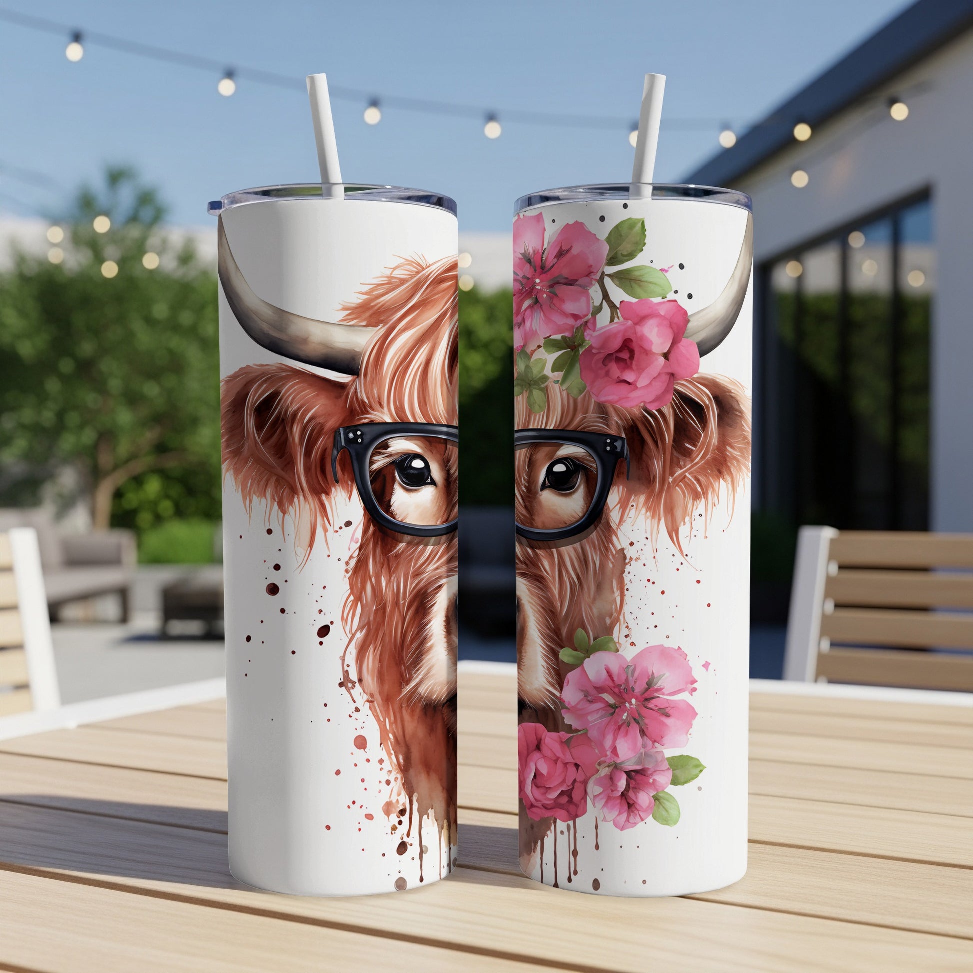 Highland cow illustration with glasses and pink flowers on a tumbler.