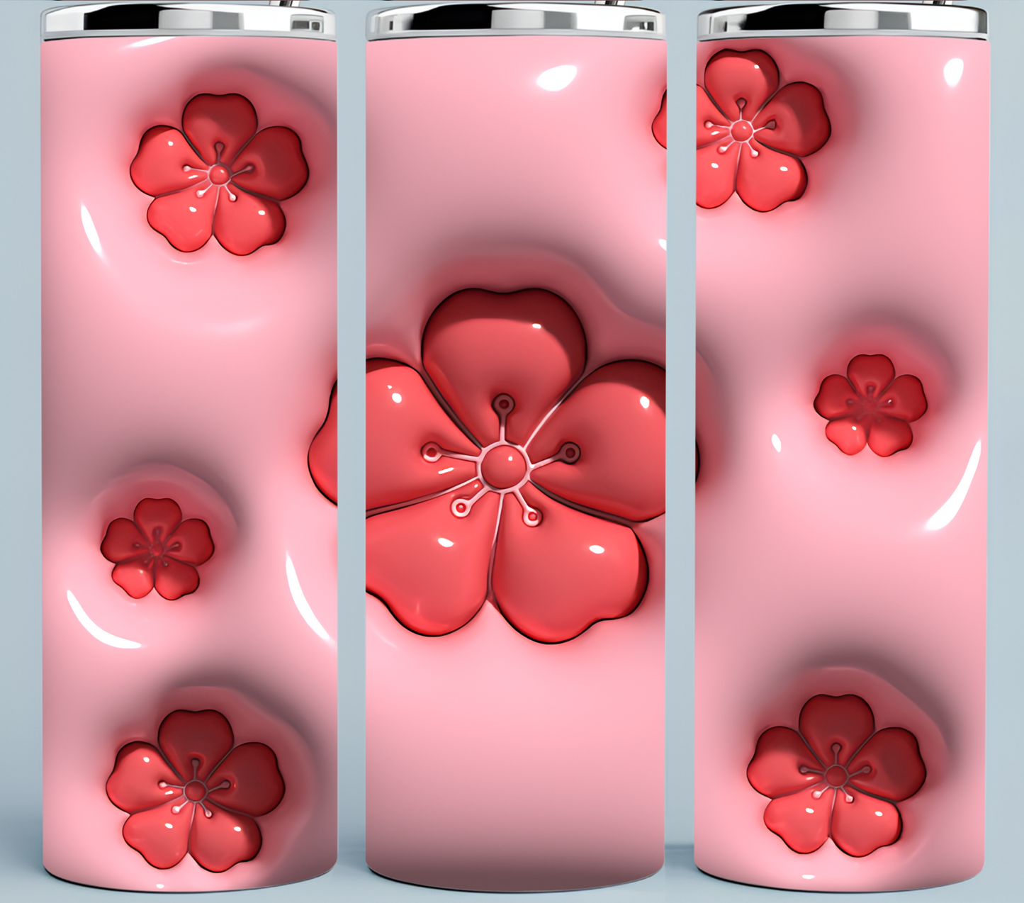 Red Flowers on a 3D Puff pink tumbler