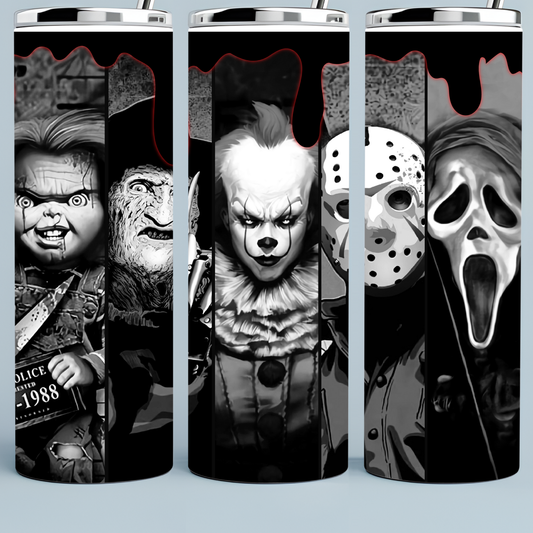 Scary movie tumbler with Jason, Ghost Face, Freddy, Chucky and Moneypenny