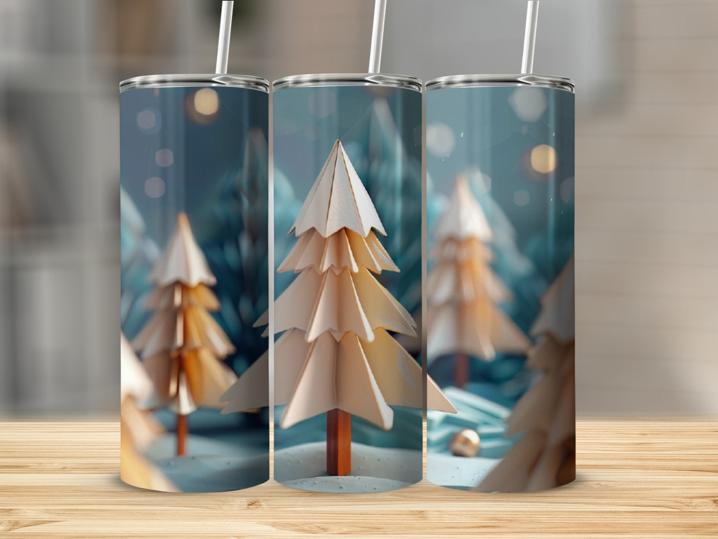Three paper Christmas trees in a festive winter scene.