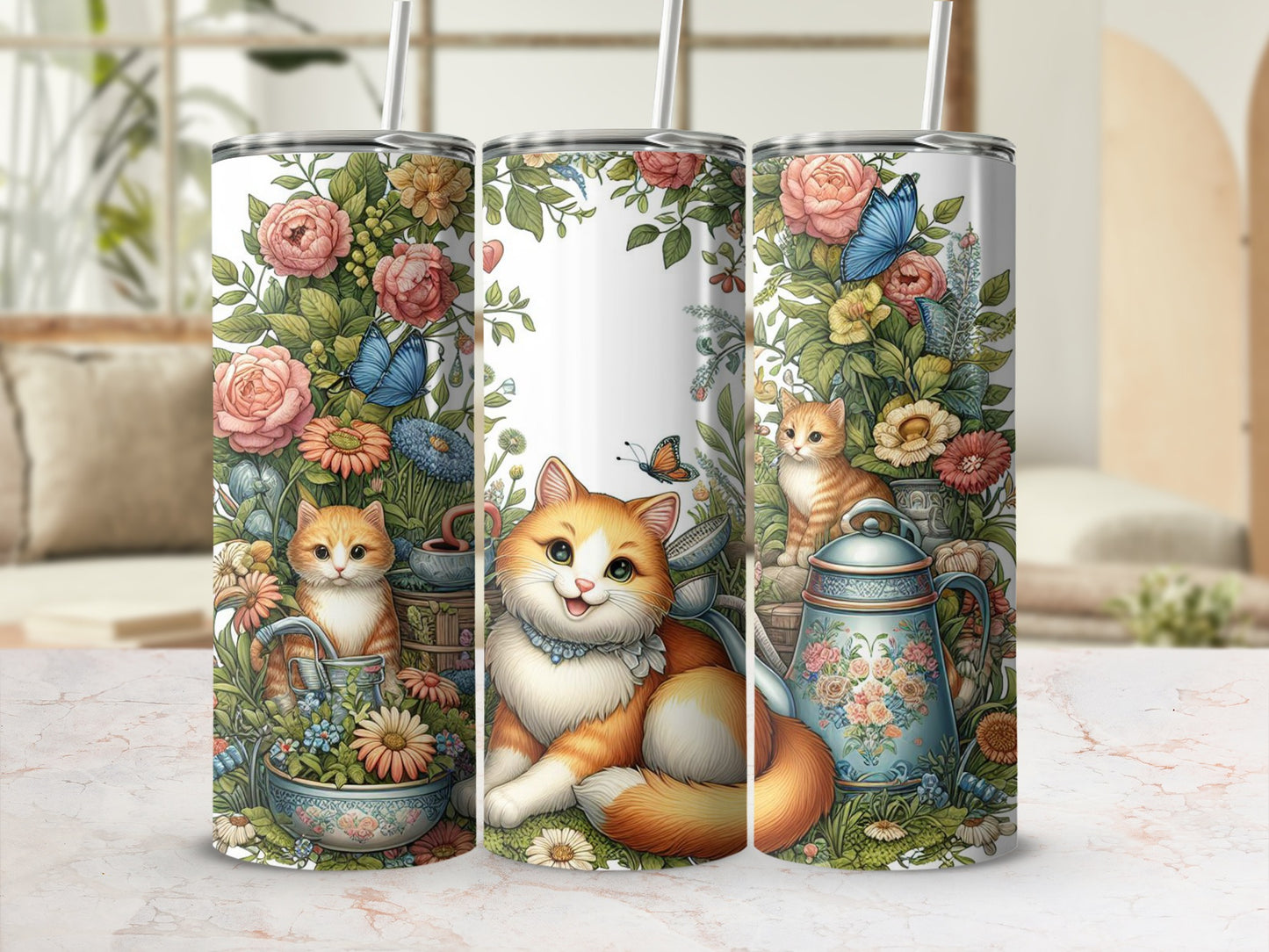 Orange tabby cat among flowers and butterflies on a floral tumbler.