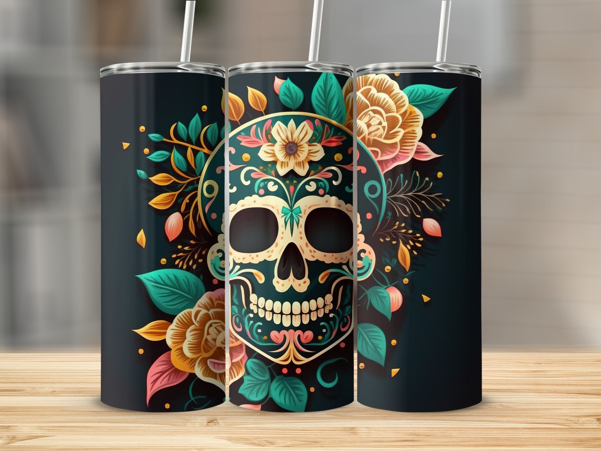 Intricately Designed Floral Skull Tumbler With Vibrant Colors