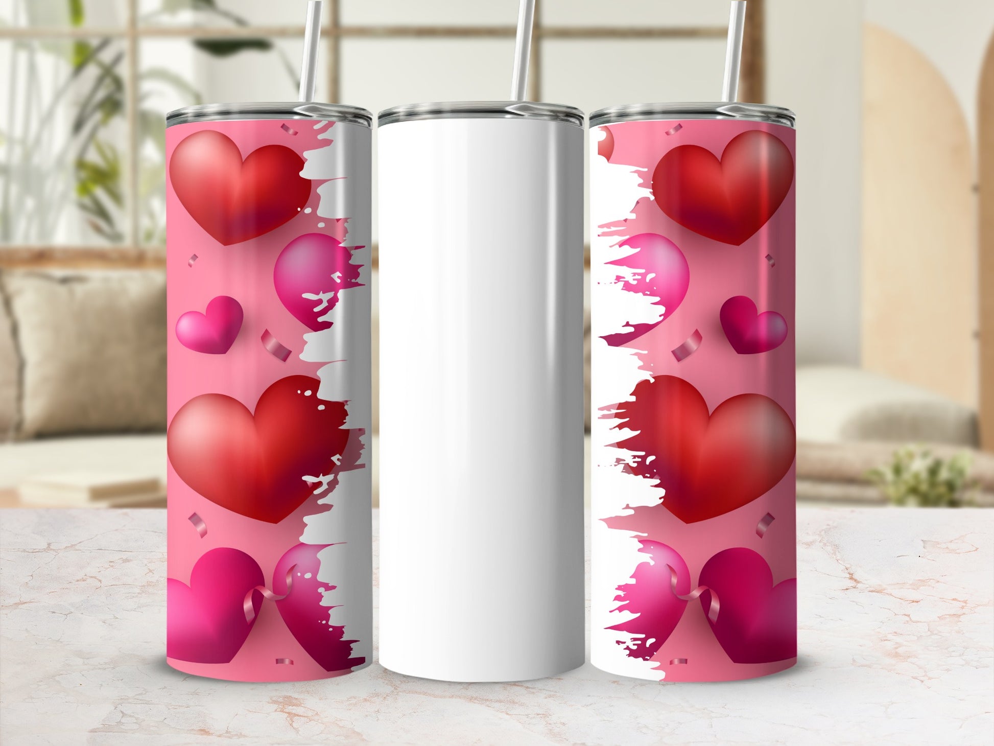 Pink and Red Hearts Patterned Tumbler Cup for Love