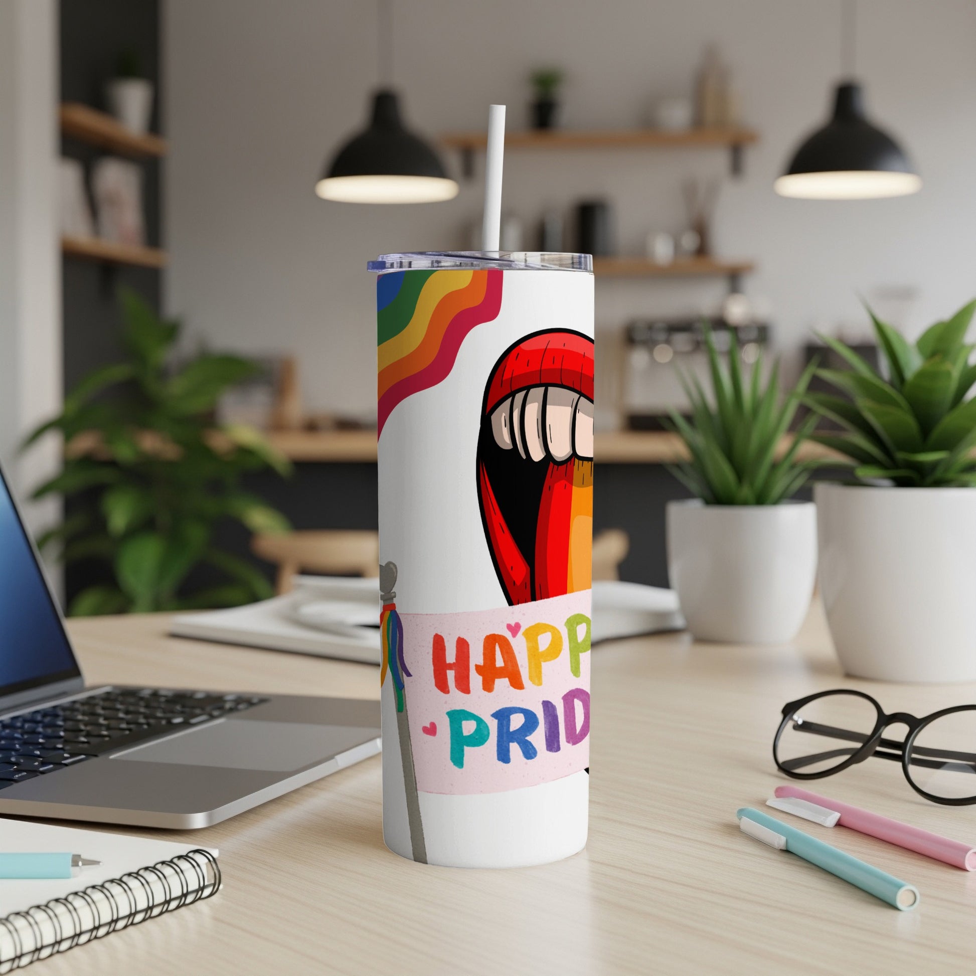 Tumbler with rainbow flag and "Happy Pride" text.