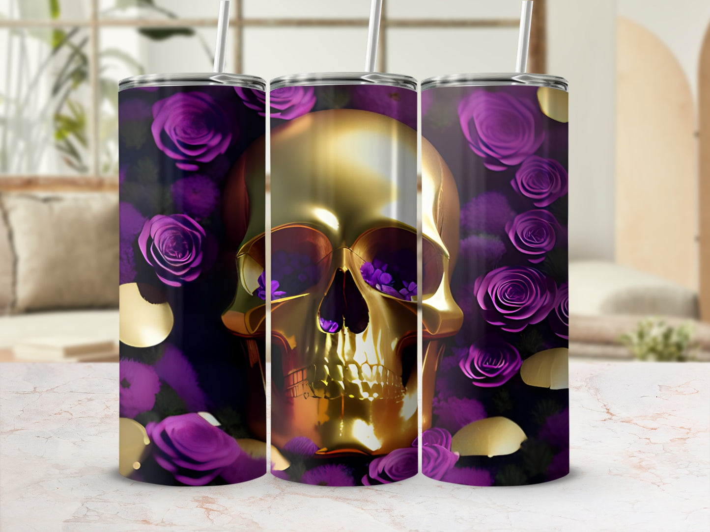 Three purple-floral patterned tumblers with gold skulls and purple floral accents.