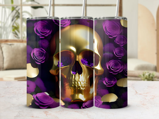 Three purple-floral patterned tumblers with gold skulls and purple floral accents.