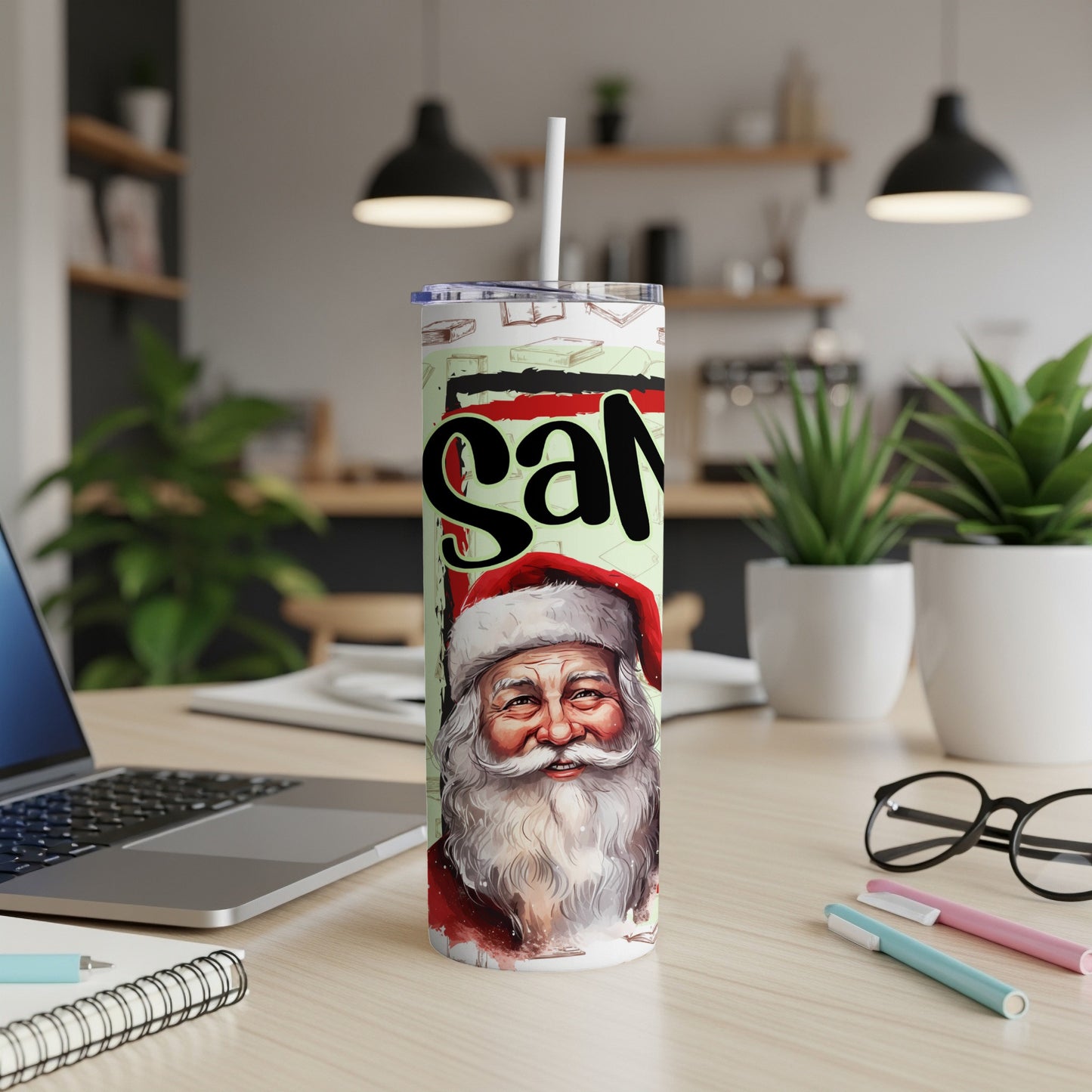 Tall tumbler with Santa Claus illustration and "Santa" text.