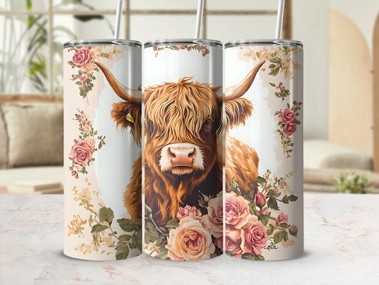 Floral Highland Cow Design Insulated Tumbler Product