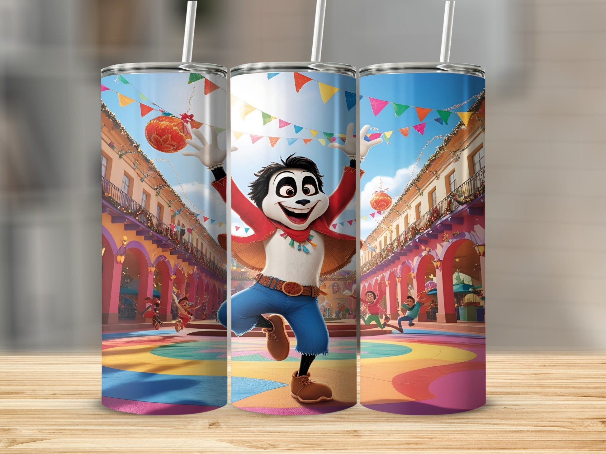 Three tumblers featuring a cartoon panda character in a festive street scene.