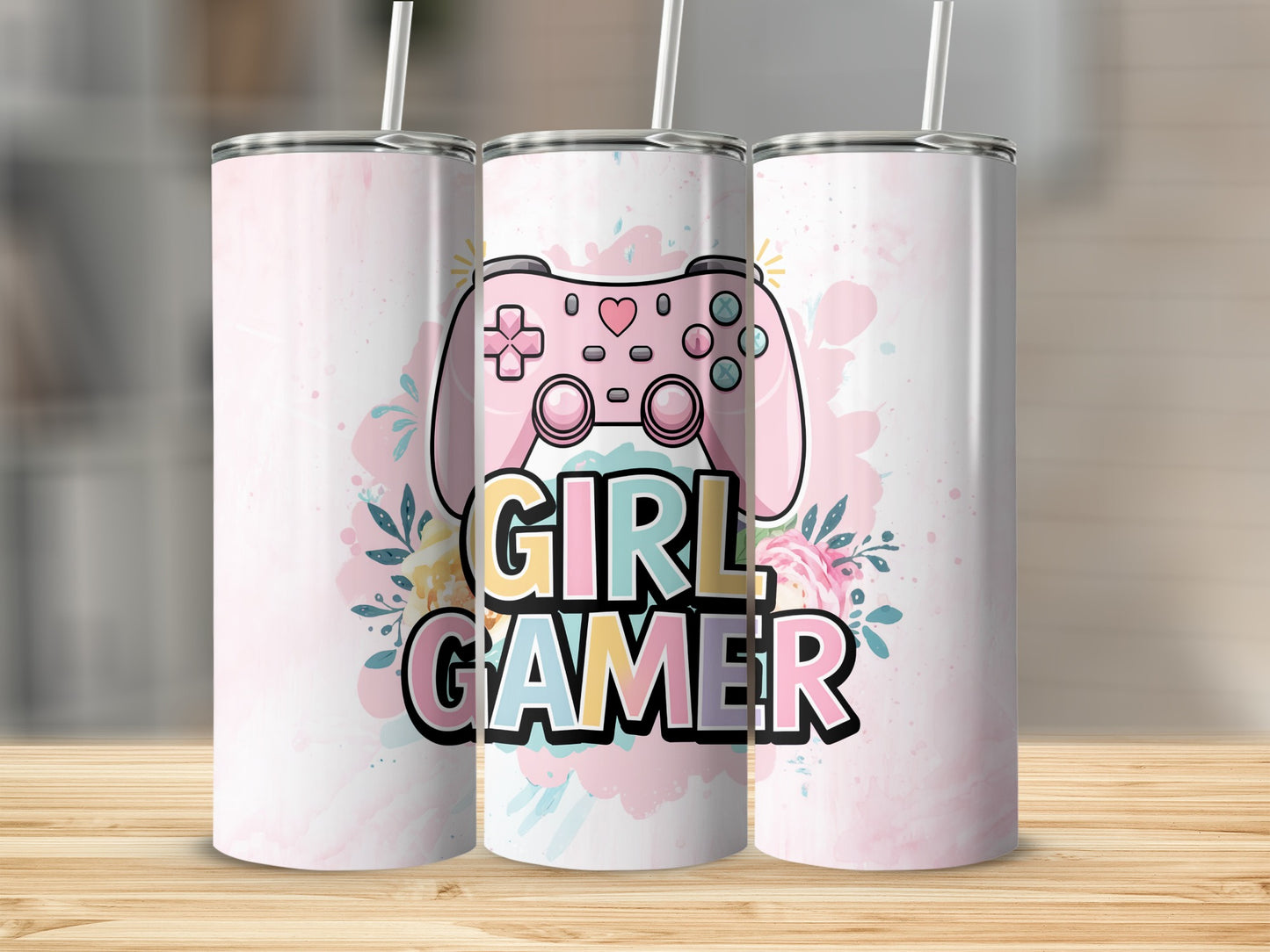 Pink gaming controller on a tumbler with "Girl Gamer" text.