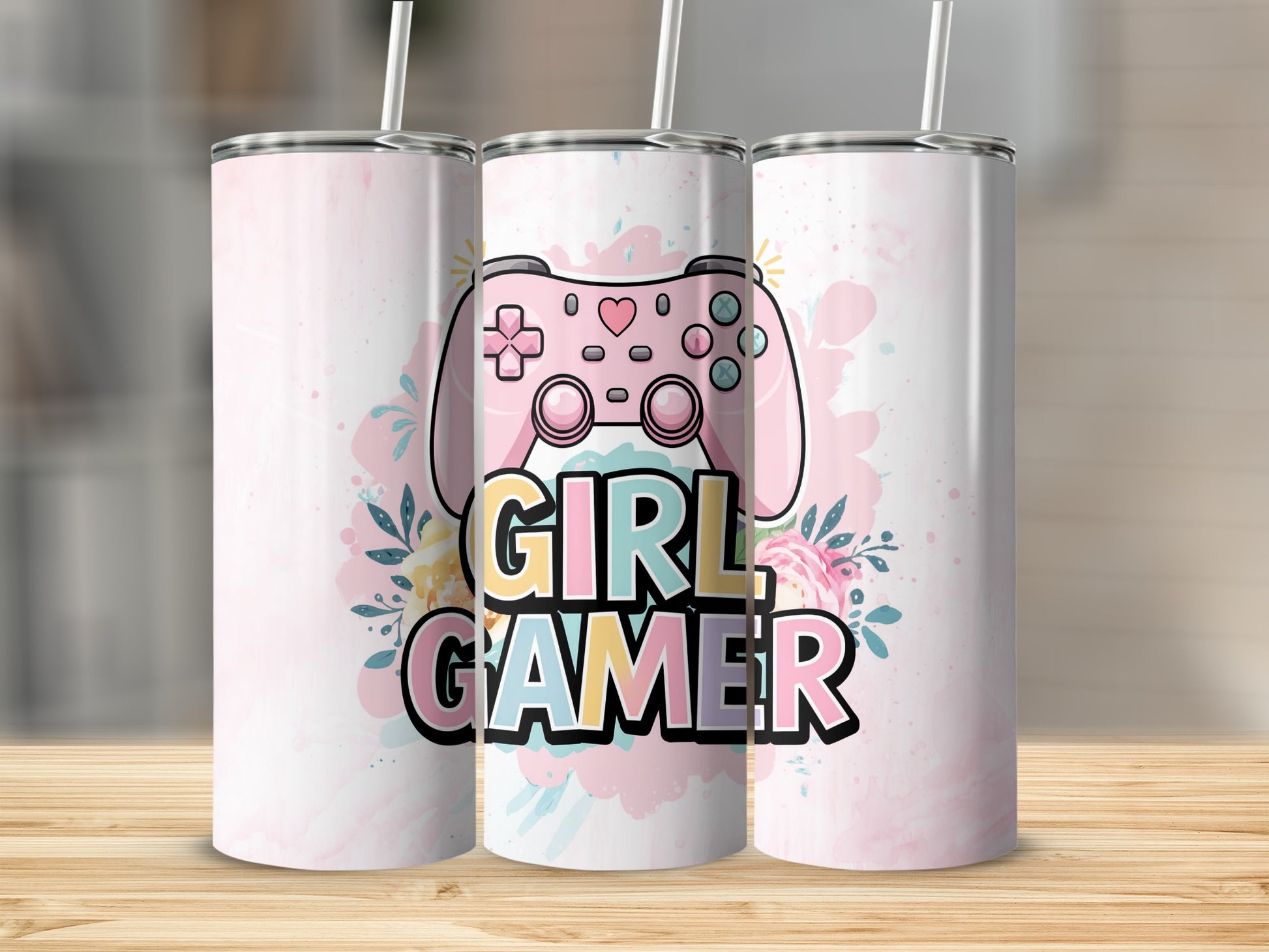 Pink gaming controller on a tumbler with "Girl Gamer" text.