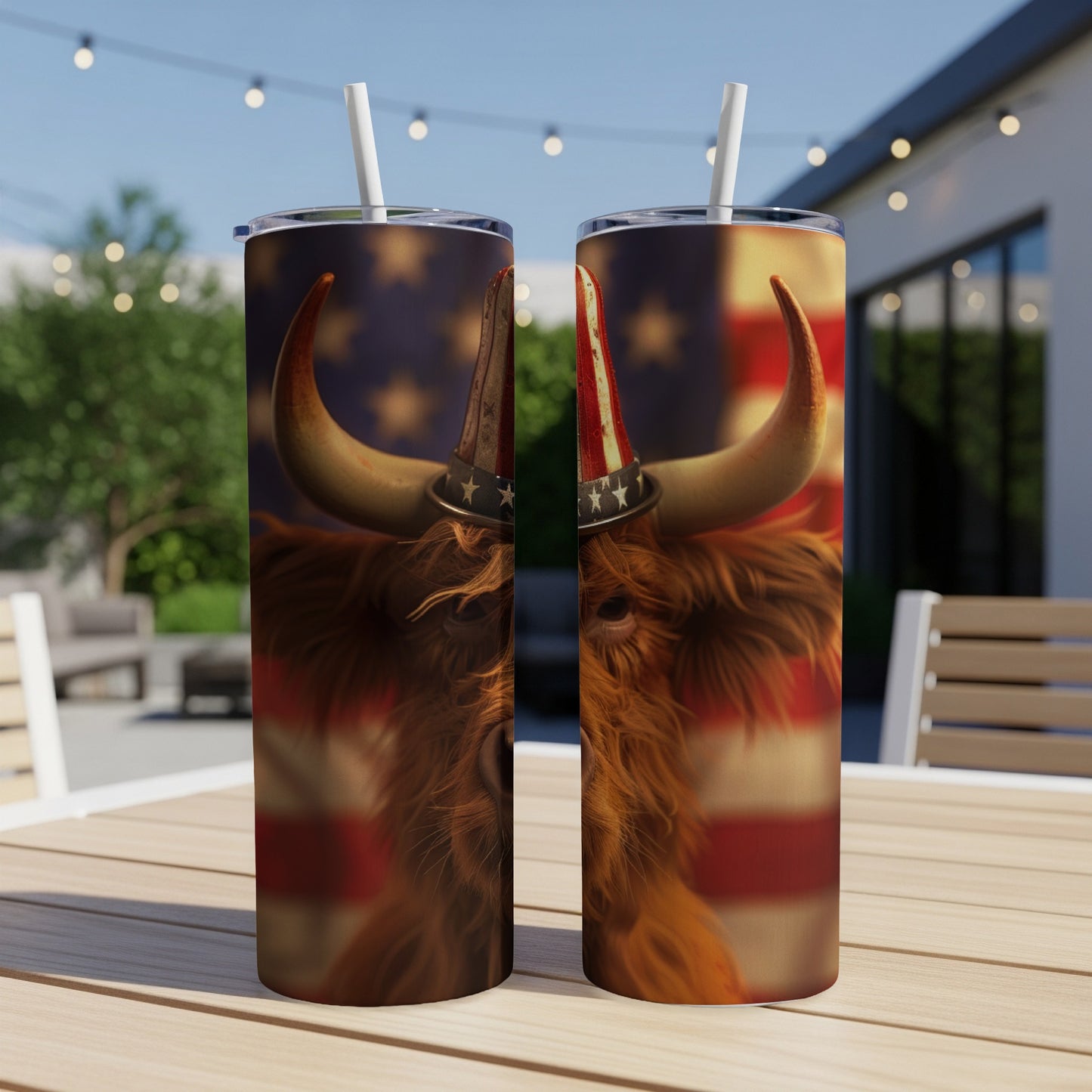 Highland cow wearing an American flag hat, on a tumbler.