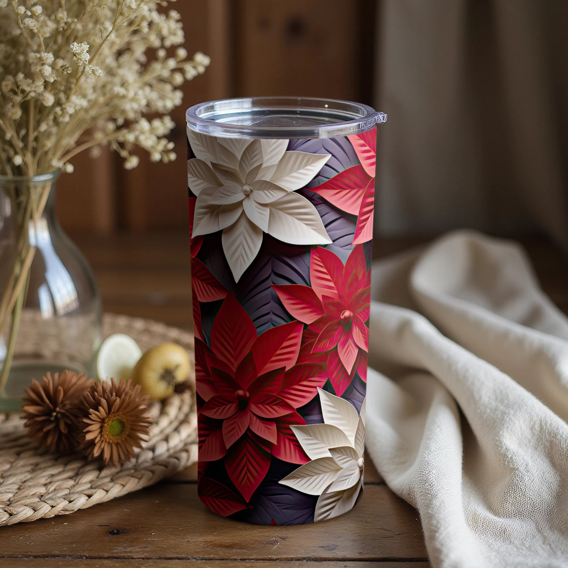 Floral Red and White Patterned Tumbler Cup