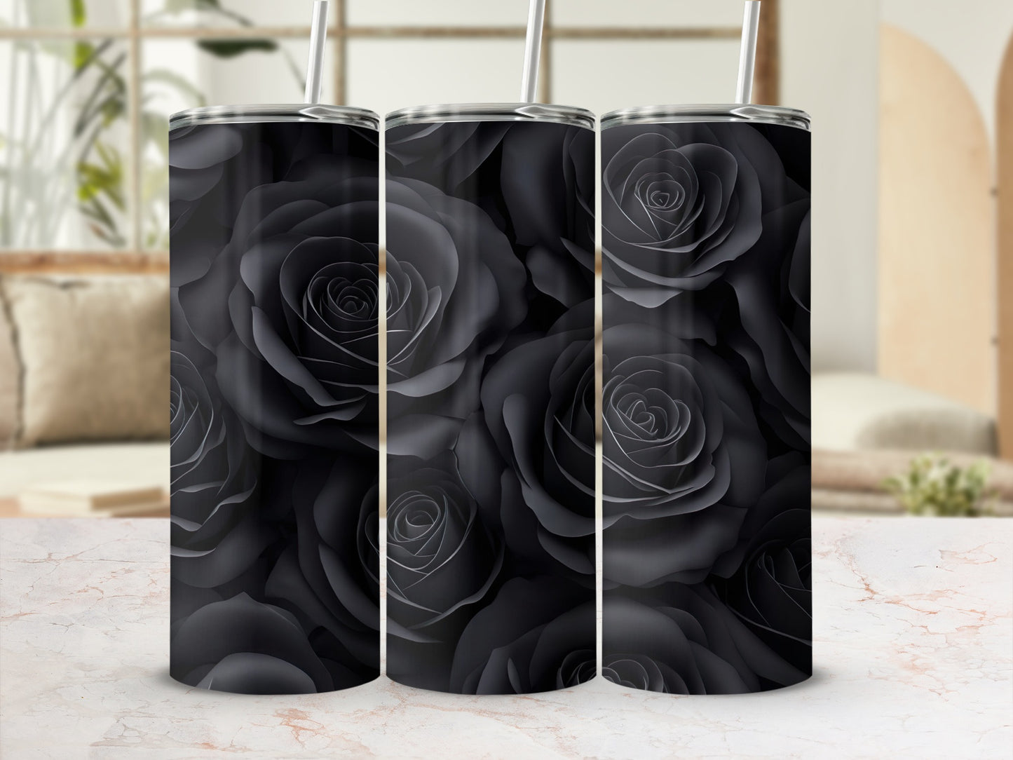 Elegant Black Rose Design Insulated Tumbler cup