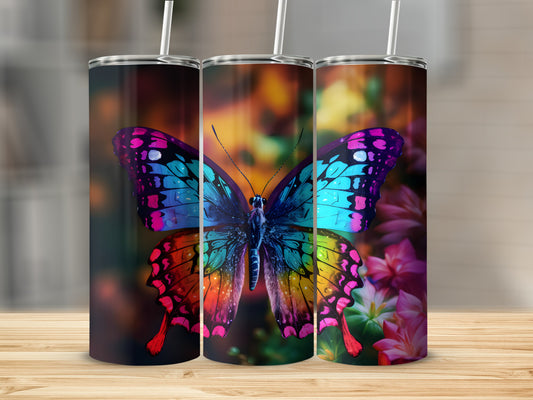 Three tumblers featuring a vibrant, multicolored butterfly with floral background.