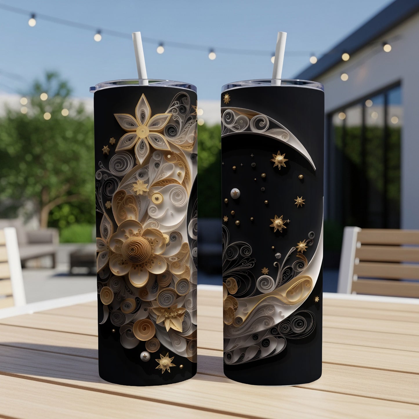 Two tumblers with celestial and floral quilled paper art designs.