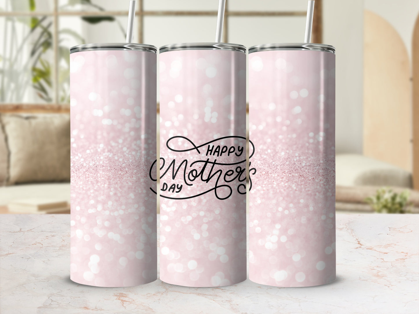Pink glitter tumbler with "Happy Mother's Day" text.