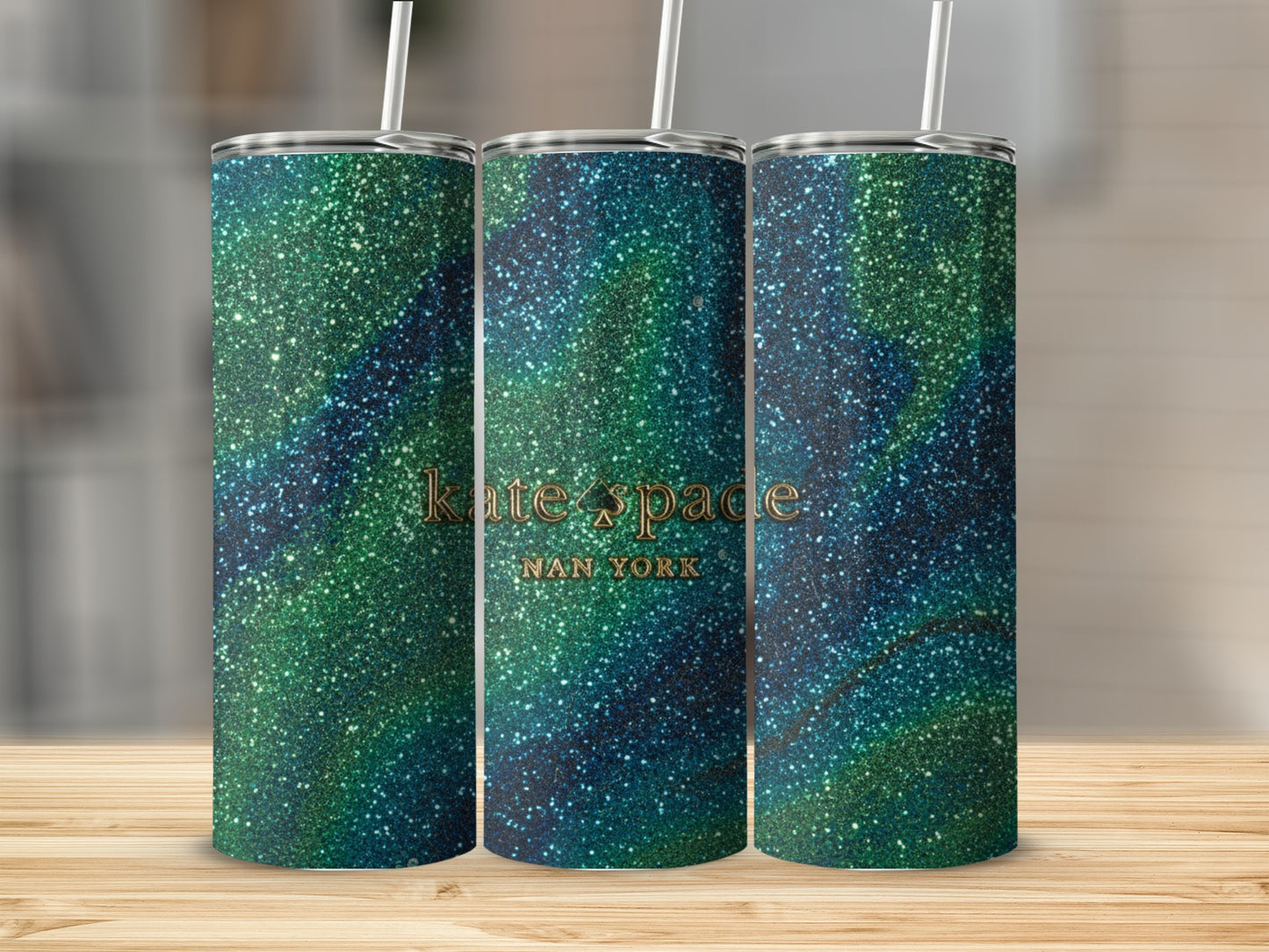 Inspired By Fabulous Kate Spade New York Logo on Green to Blue Sparkle Tumblers