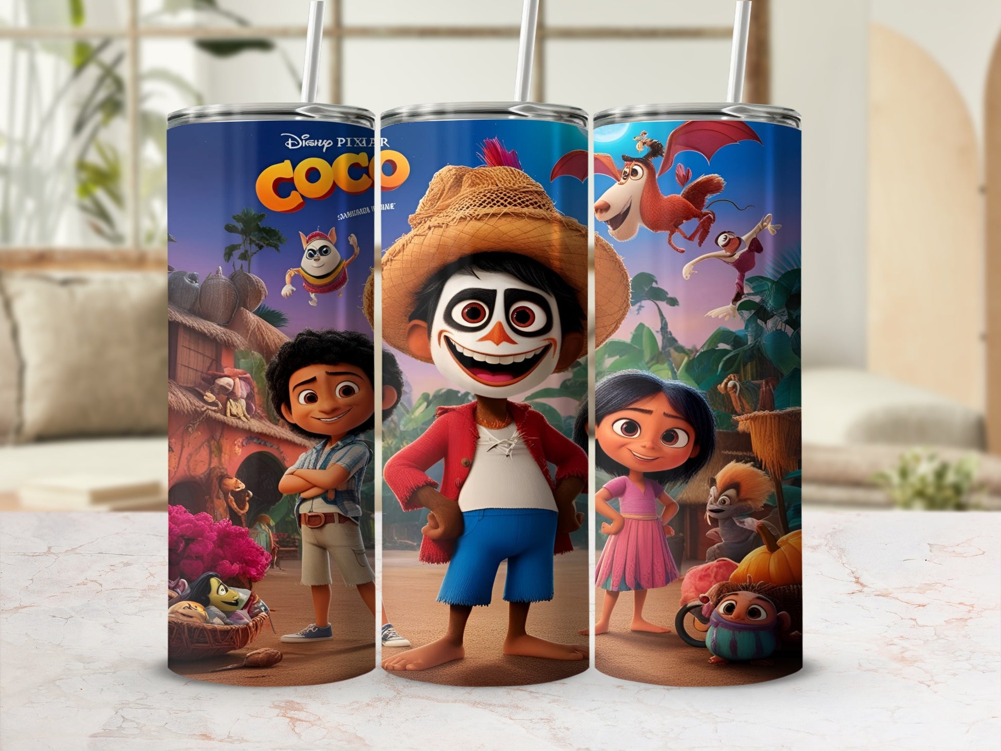 Coco characters Manny and Miguel on a tumbler with a jungle background.