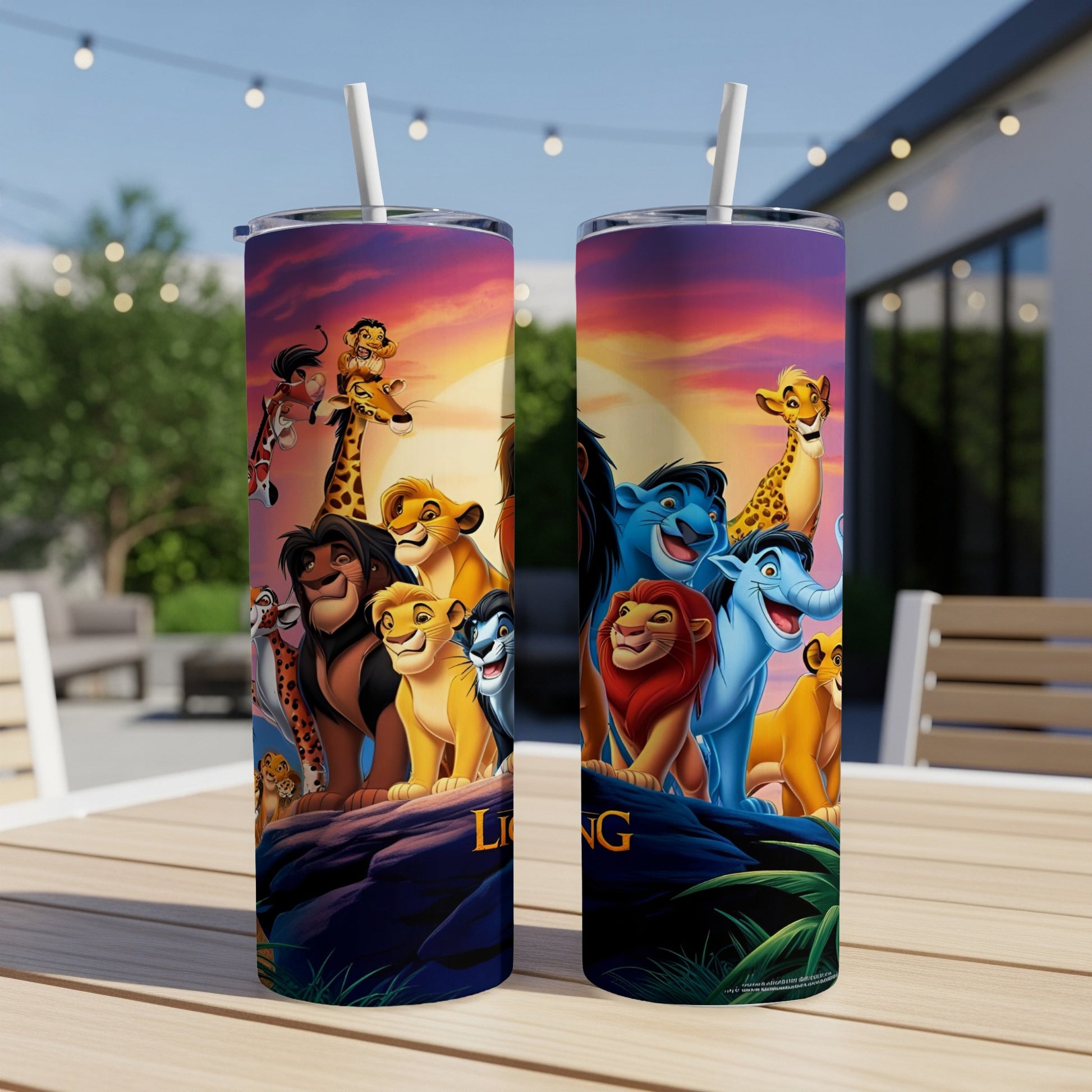 The Lion King characters stand together on Pride Rock with a sunset background.