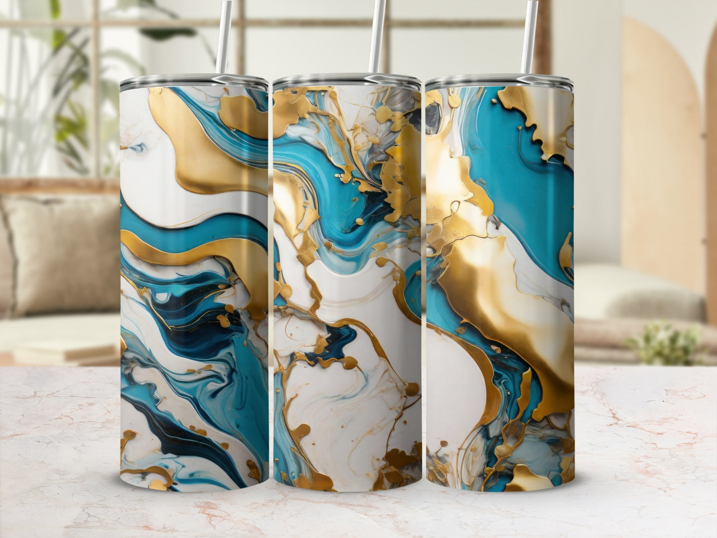 Abstract Gold Teal Blue White Swirl Design Tumbler product type