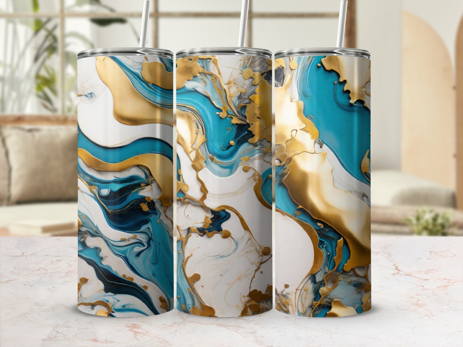 Abstract Gold Teal Blue White Swirl Design Tumbler product type