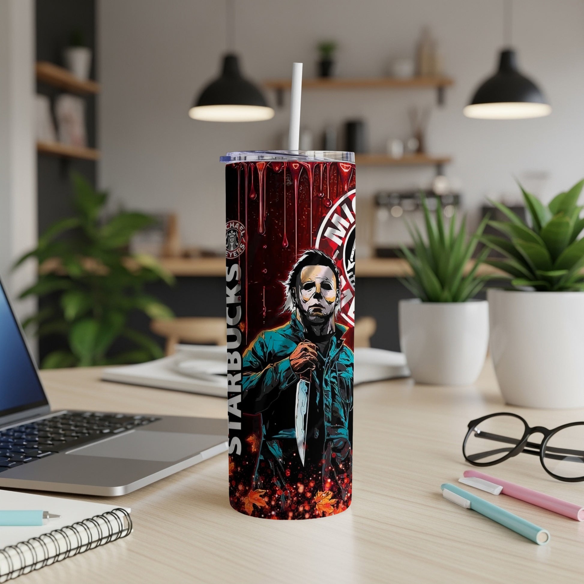Michael Myers tumbler with "Starbucks" text on a dark, bloody background.