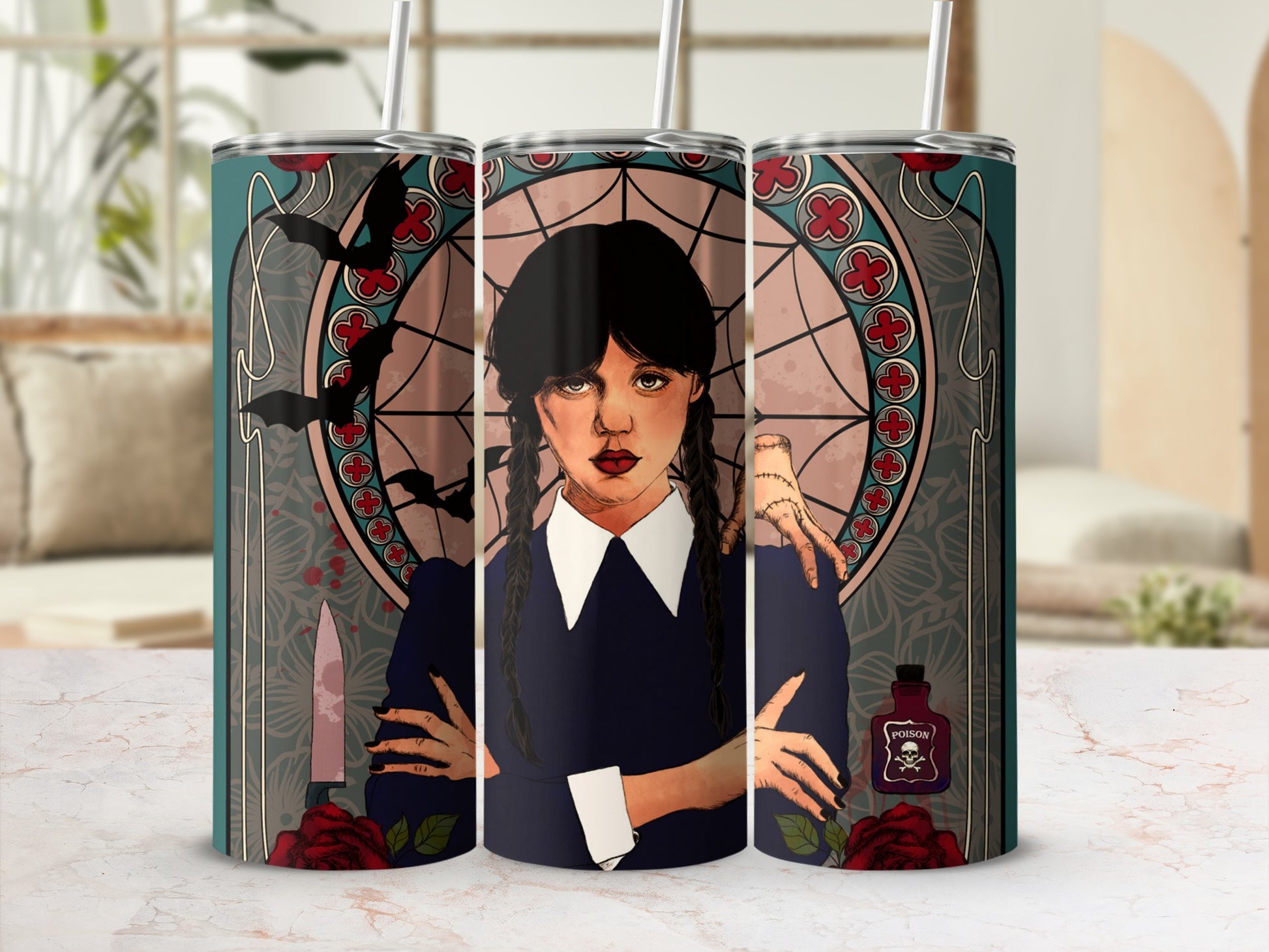 Gothic Art Tumbler with Bats and Poison Design