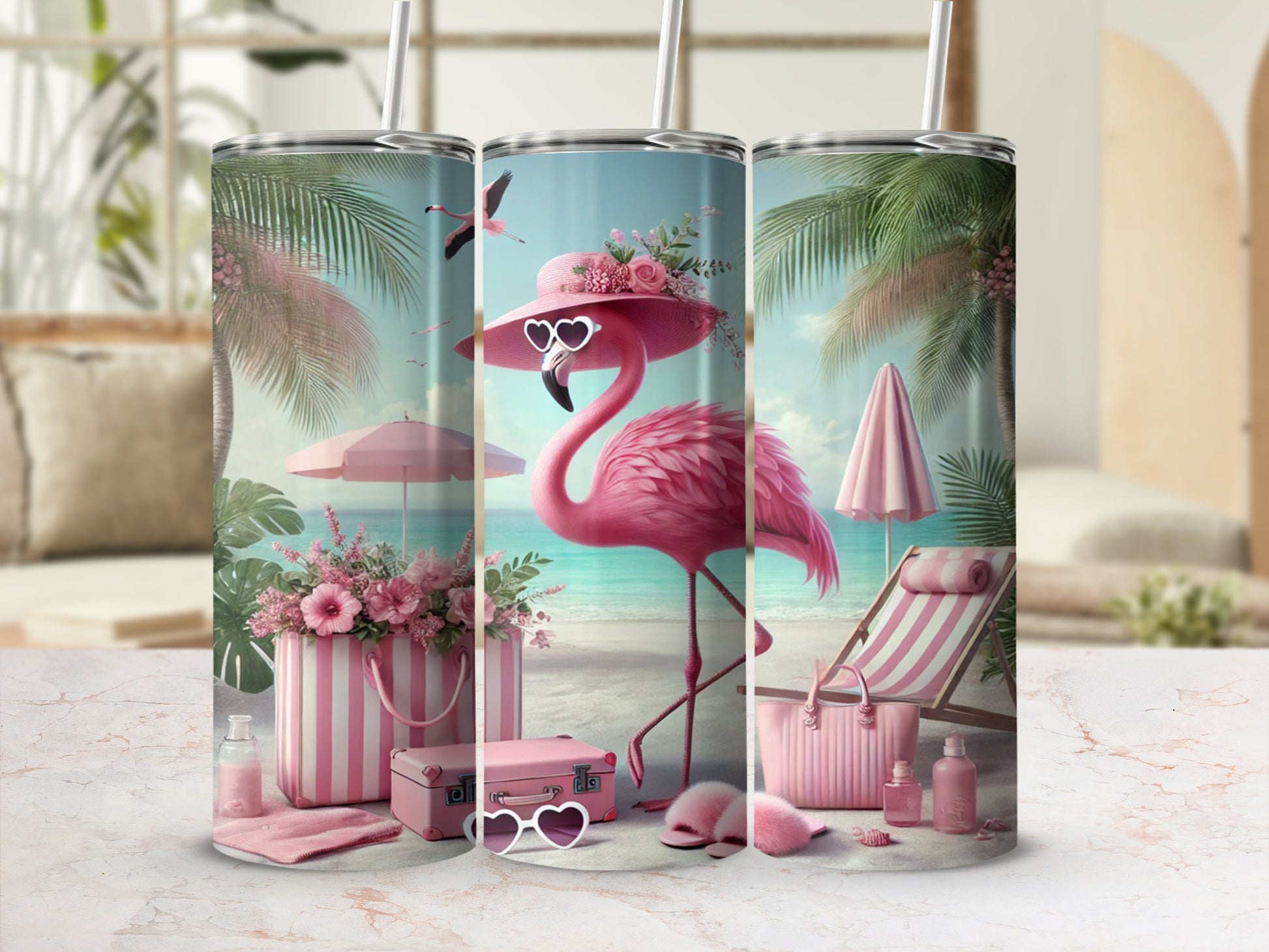 Tropical Pink Flamingo Beach Vibes Travel Tumbler