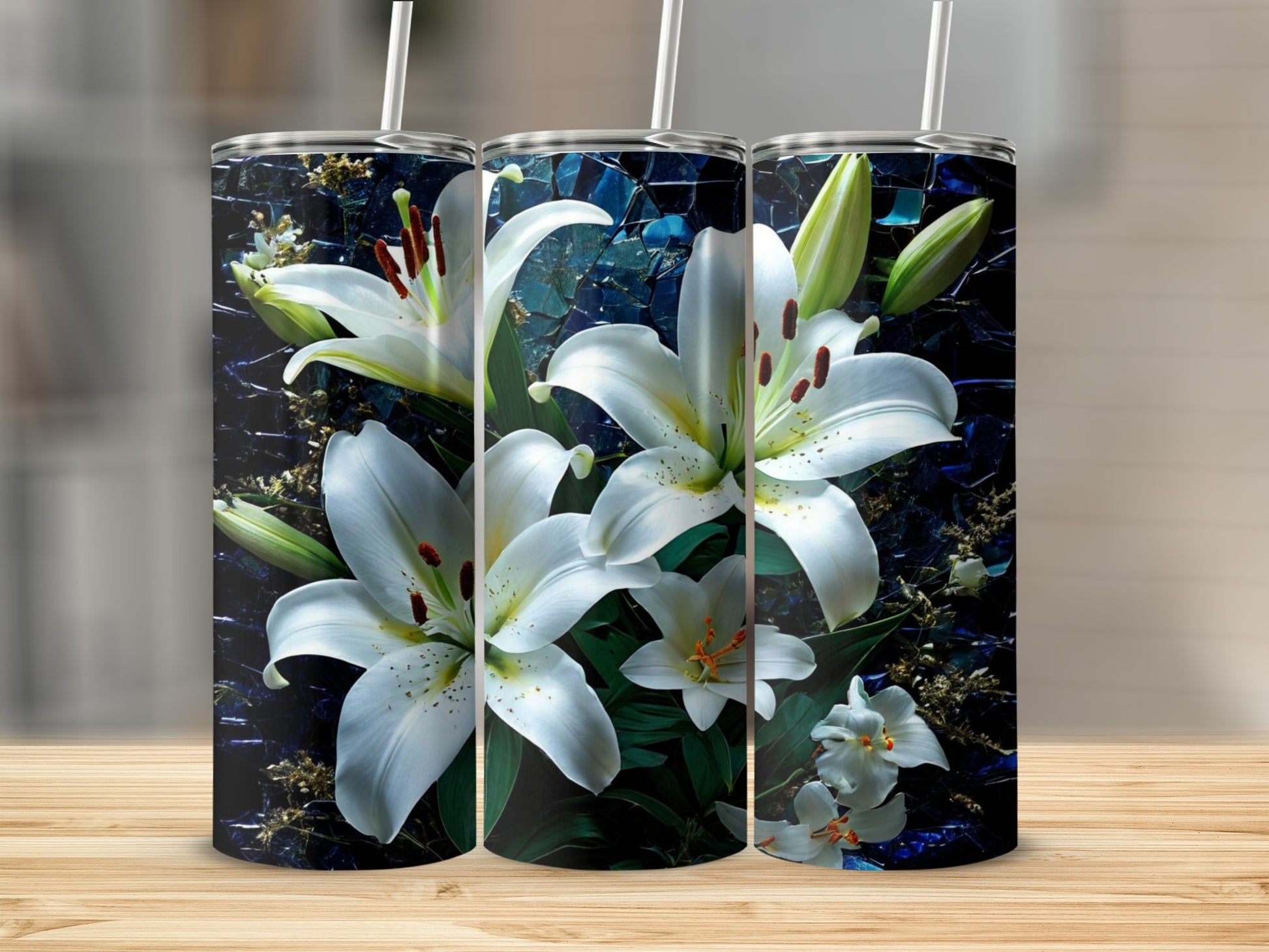 Three tumblers with white lilies against a dark, abstract background.