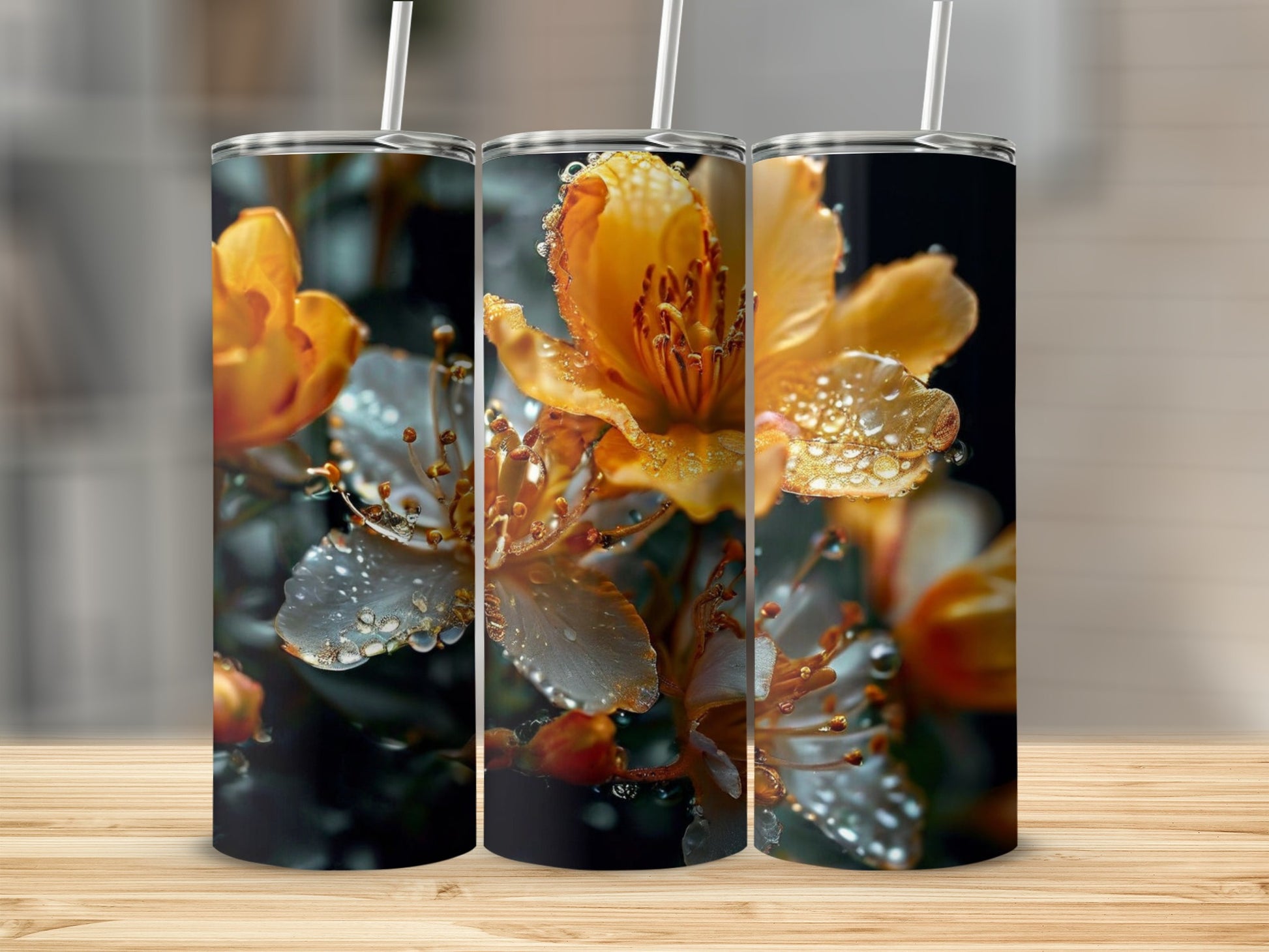 Three tumblers featuring close-up floral photography with water droplets.