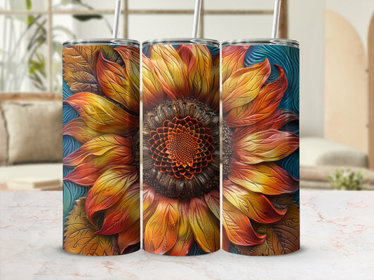 Three tumblers with a detailed, textured sunflower design on a blurred background.