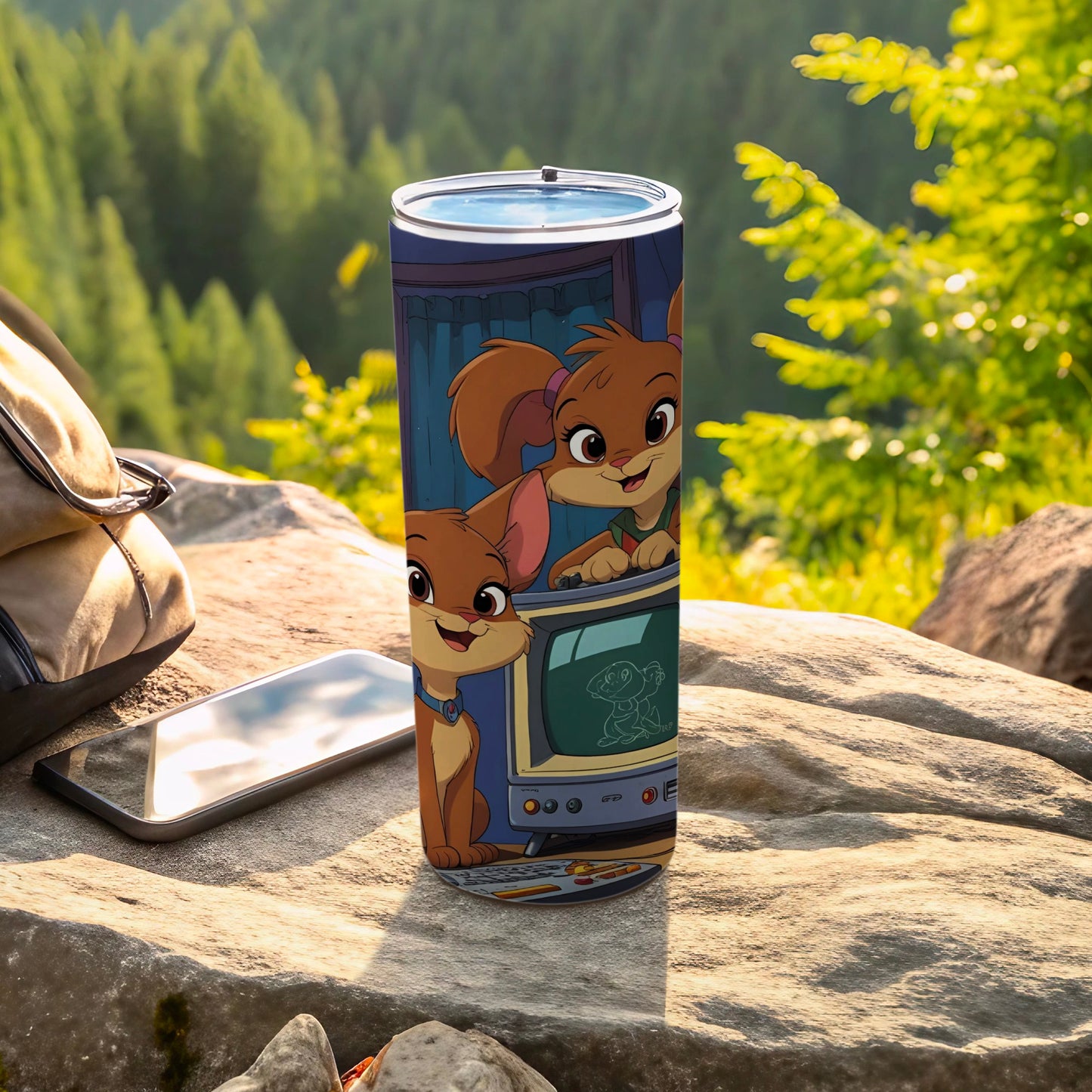 Cartoon Bunny Characters on Rock Travel Tumbler